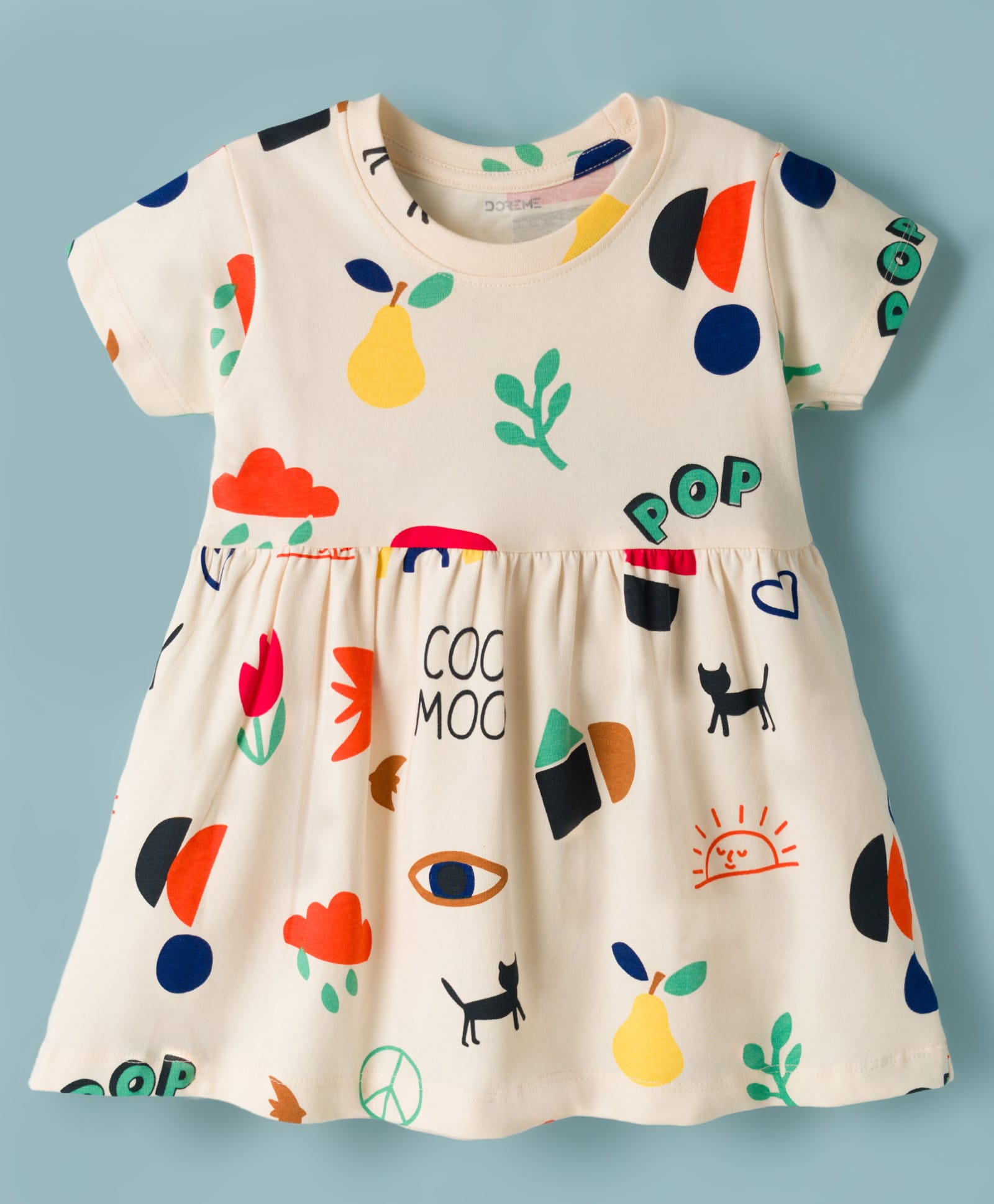 Doreme Single Jersey Knit Half Sleeves Frock with Tropical Theme Print - Cream-picture-28