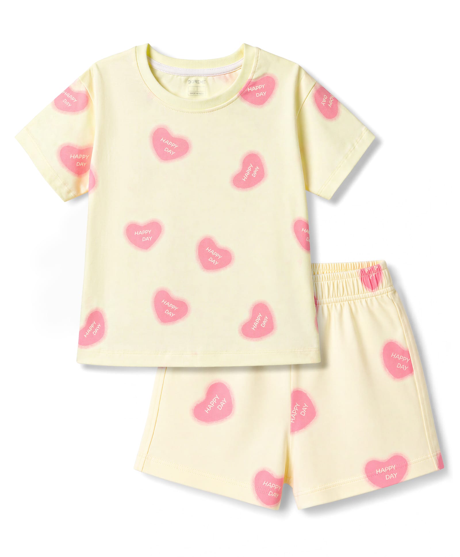 Doreme Knit Half Sleeves T-Shirt & Shorts Co-ord Night Suit with Heart Print - Light Yellow-image-30