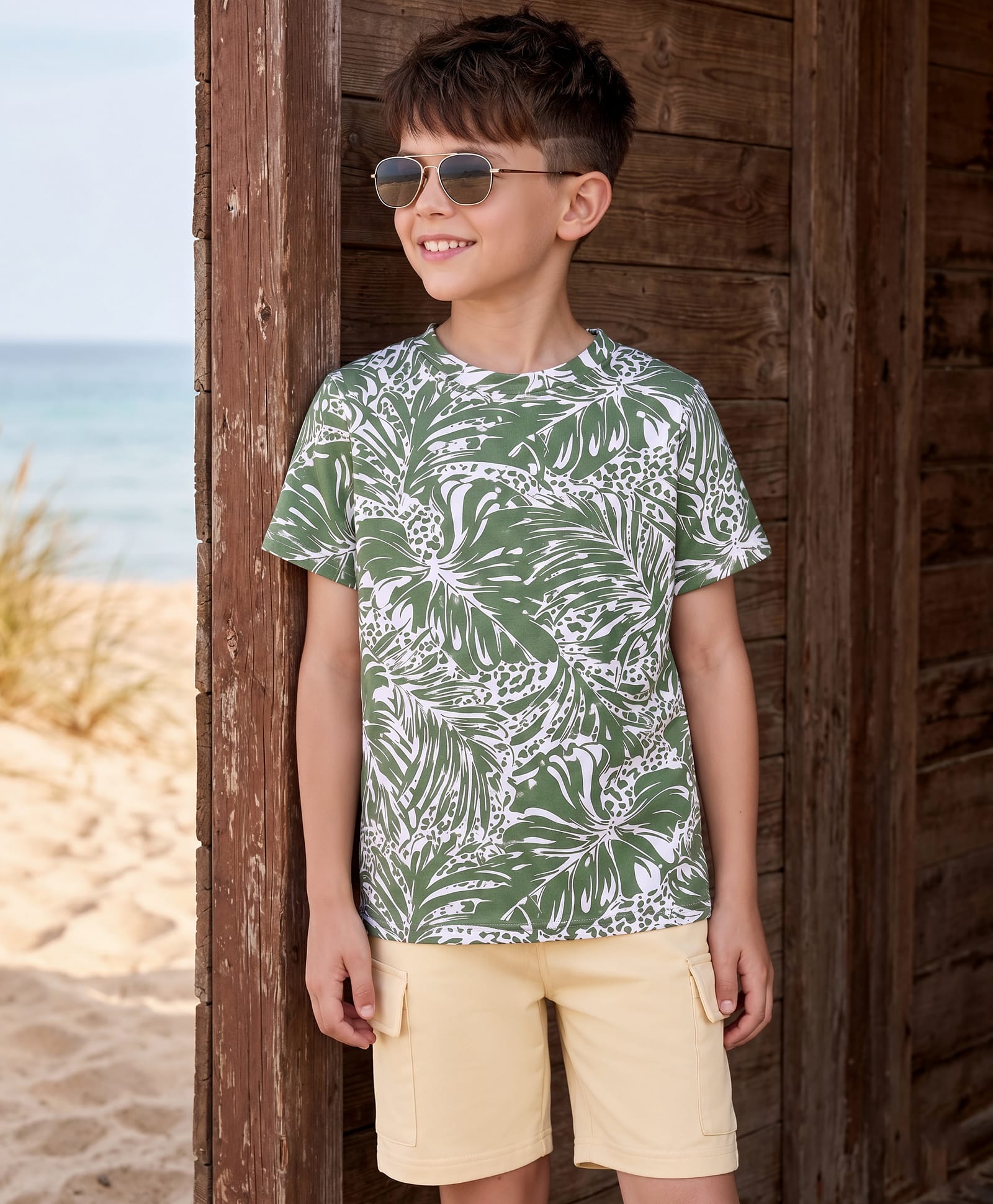 OLLINGTON ST. Cotton Knit Half Sleeves Printed T-Shirt & Shorts Set - Multicolour & Beige-image-19