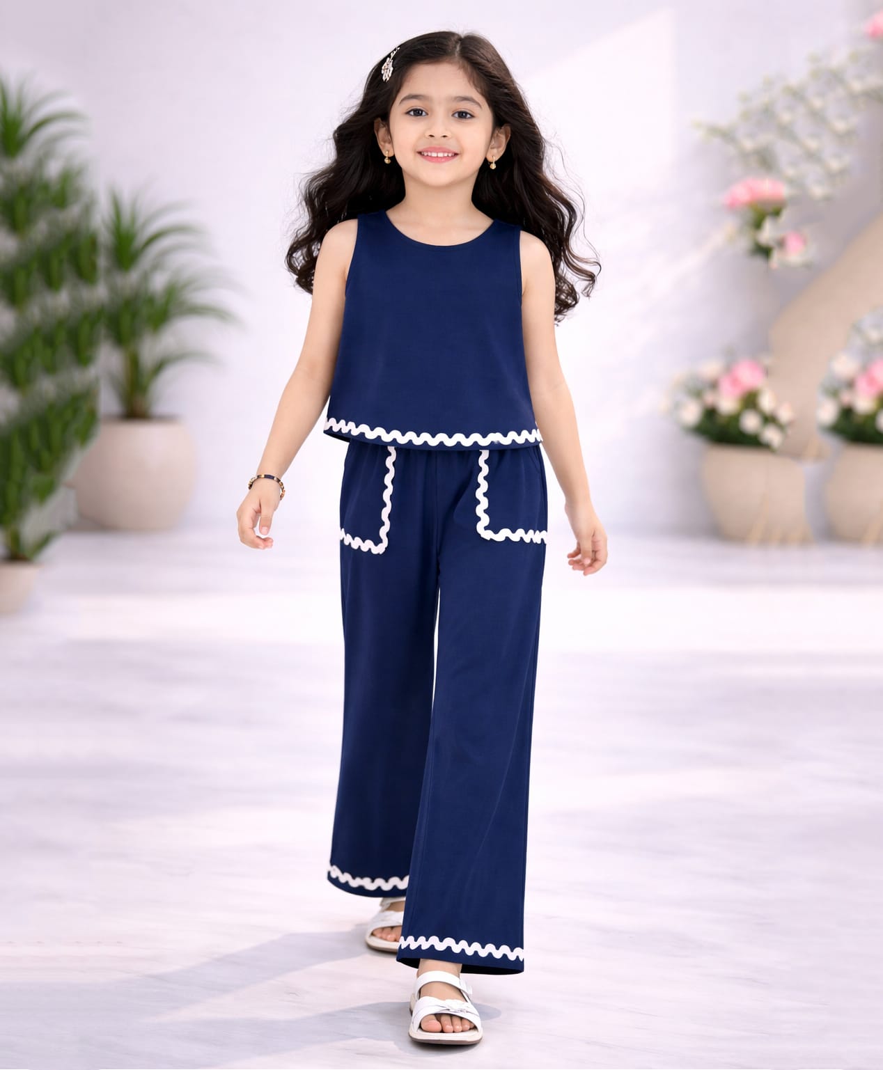 Tiara Cotton Elastane Sleeveless Lace Embellished Top & Palazzo Set - Navy Blue-picture-14