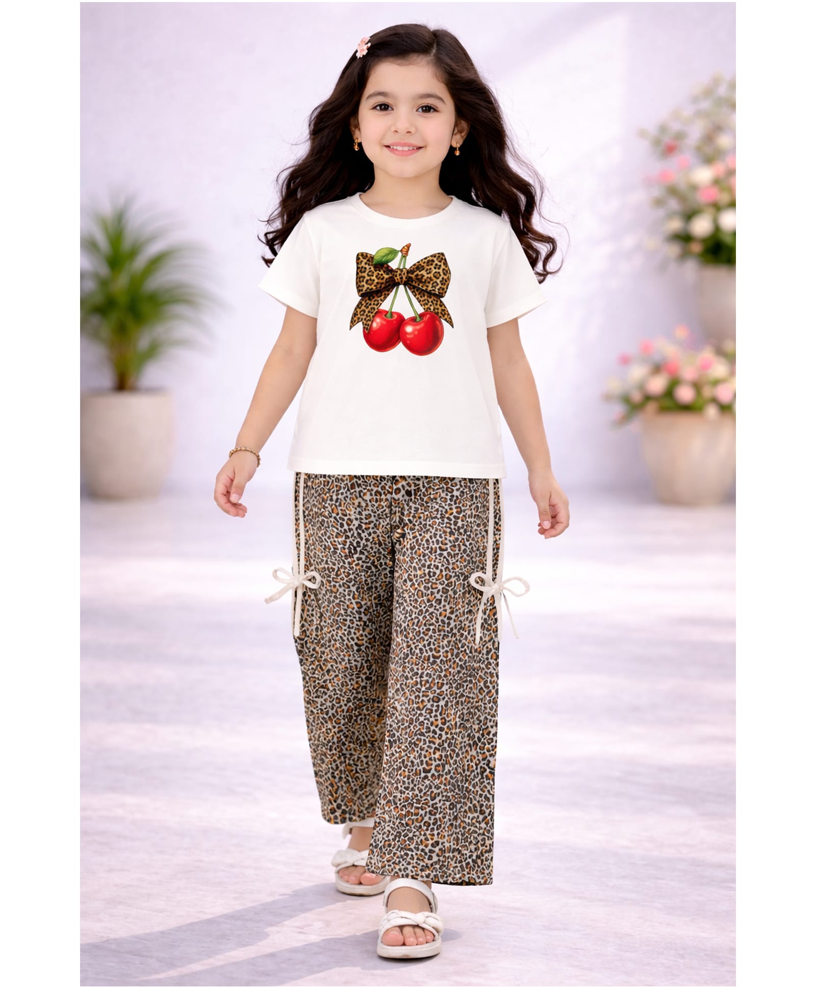 Tiara Cotton Jersey Knit Half Sleeves Cherries Printed Top With Joggers Set - White-picture-10