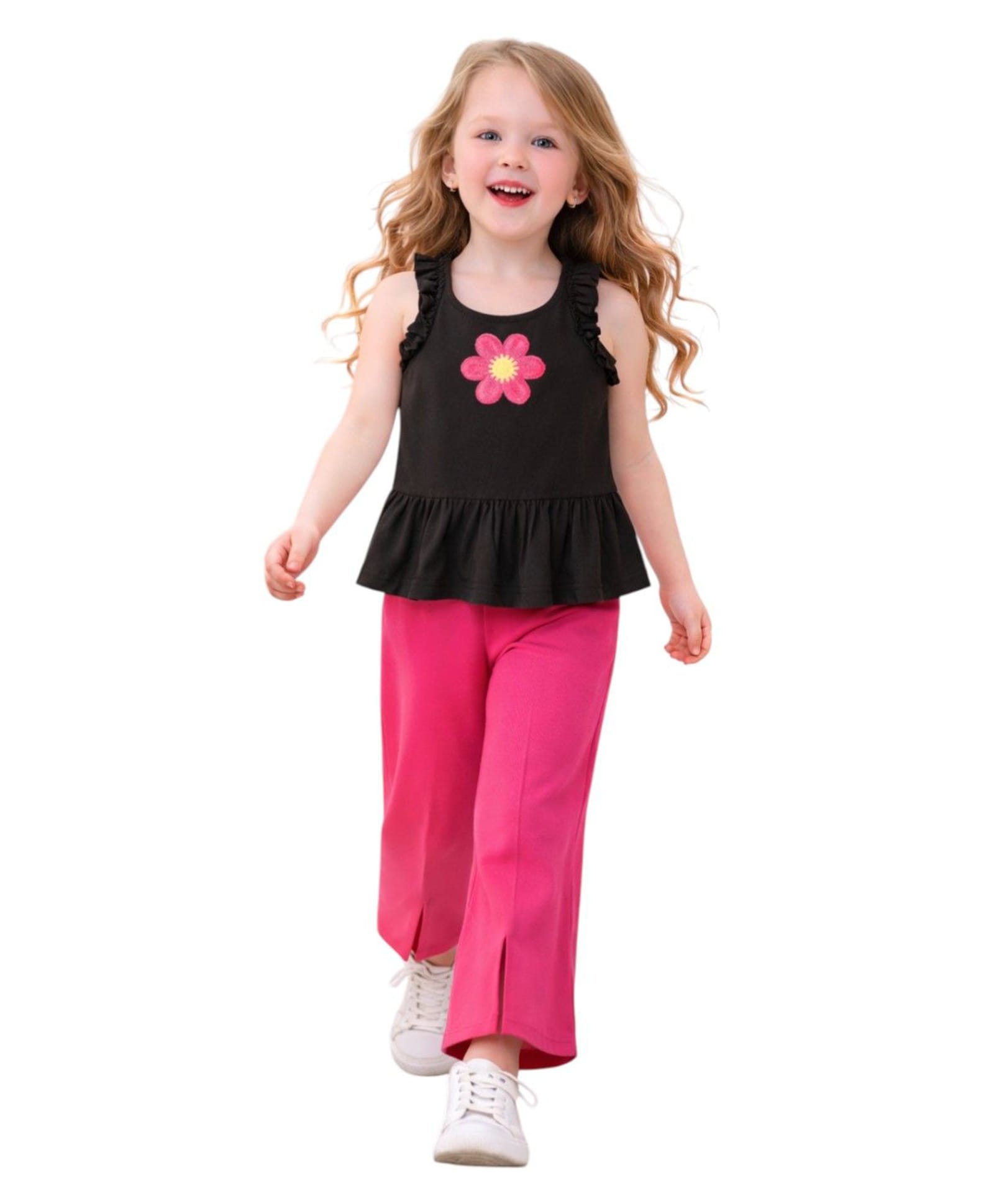 Tiara Cotton Jersey Knit Sleeveless Floral Embroidered Peplum Top & Pant Set - Black-picture-37