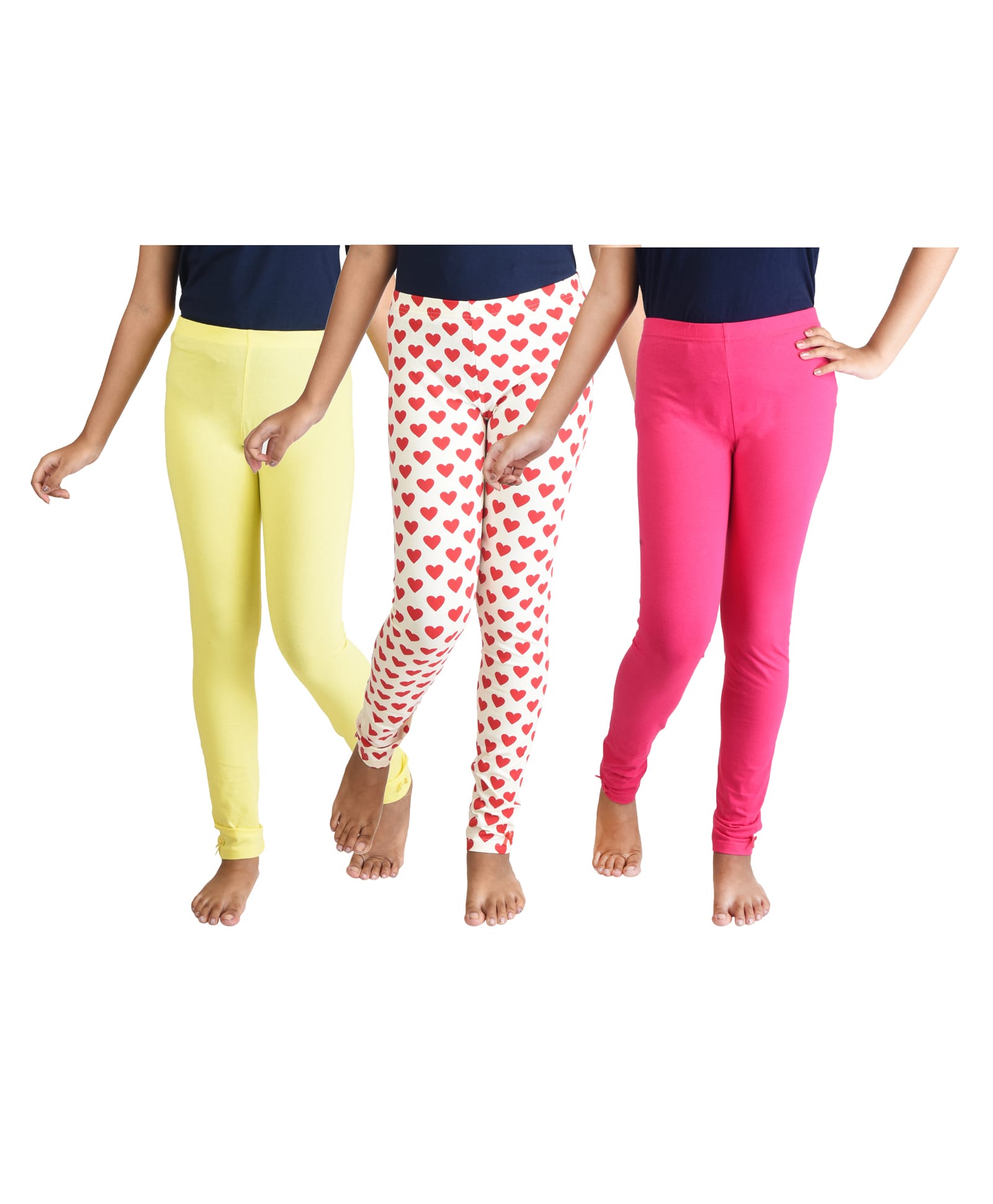 Clothe Funn Cotton Knit Pack Of 3 Solid & Hearts Printed Leggings - Yellow Fuschia & Off White-picture-17