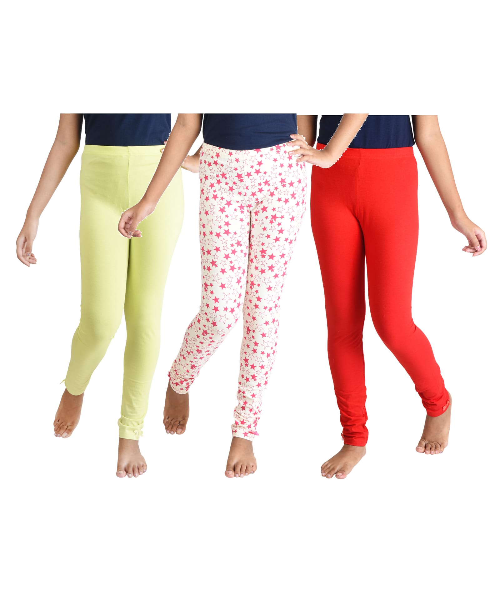 Clothe Funn Cotton Knit Pack Of 3 Solid & Stars Printed Leggings - Red Lime Green & Off White-picture-15