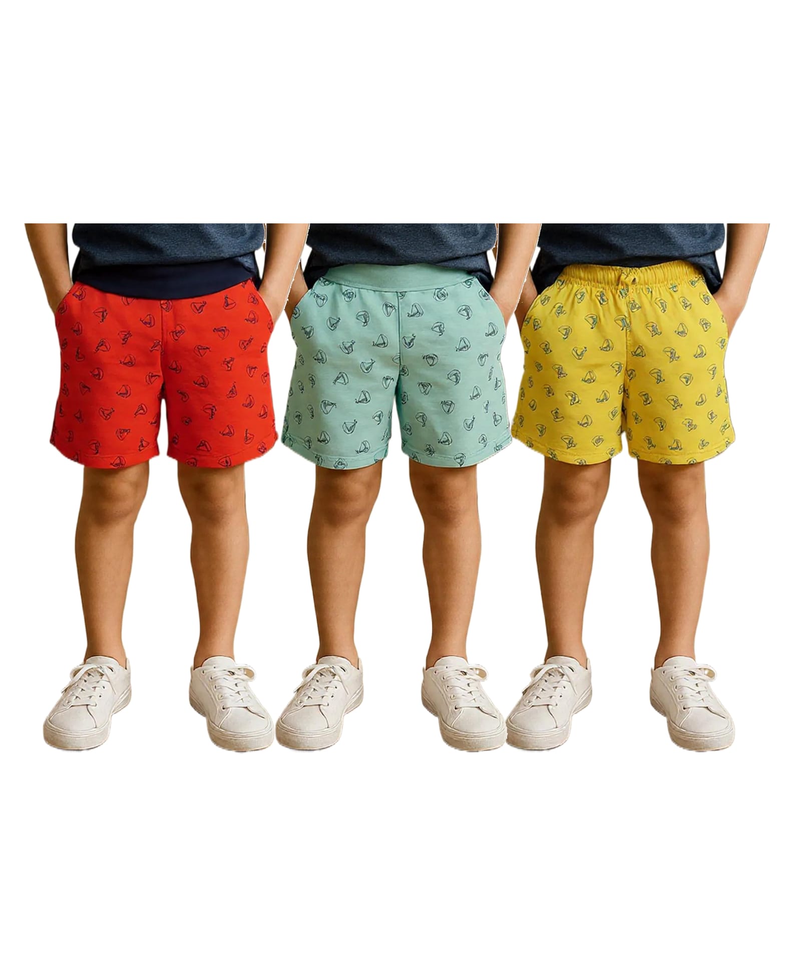 Clothe Funn Cotton Knit Pack Of 3 Sailboat Printed Shorts -Yellow Sea Green & Coral-picture-10