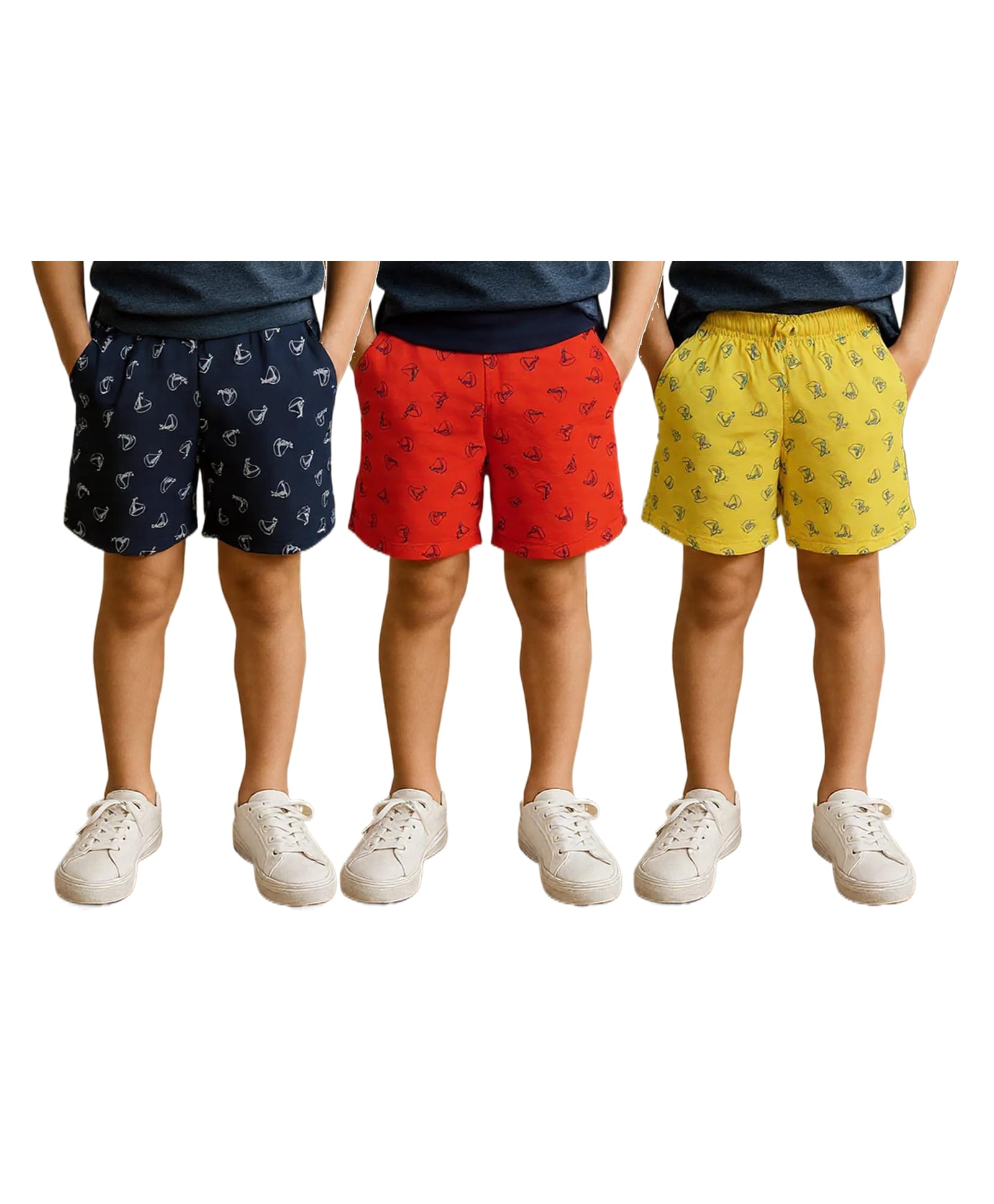 Clothe Funn Cotton Knit Pack Of 3 Sailboat Printed Shorts - Yellow Scarlet & Navy Blue-picture-20