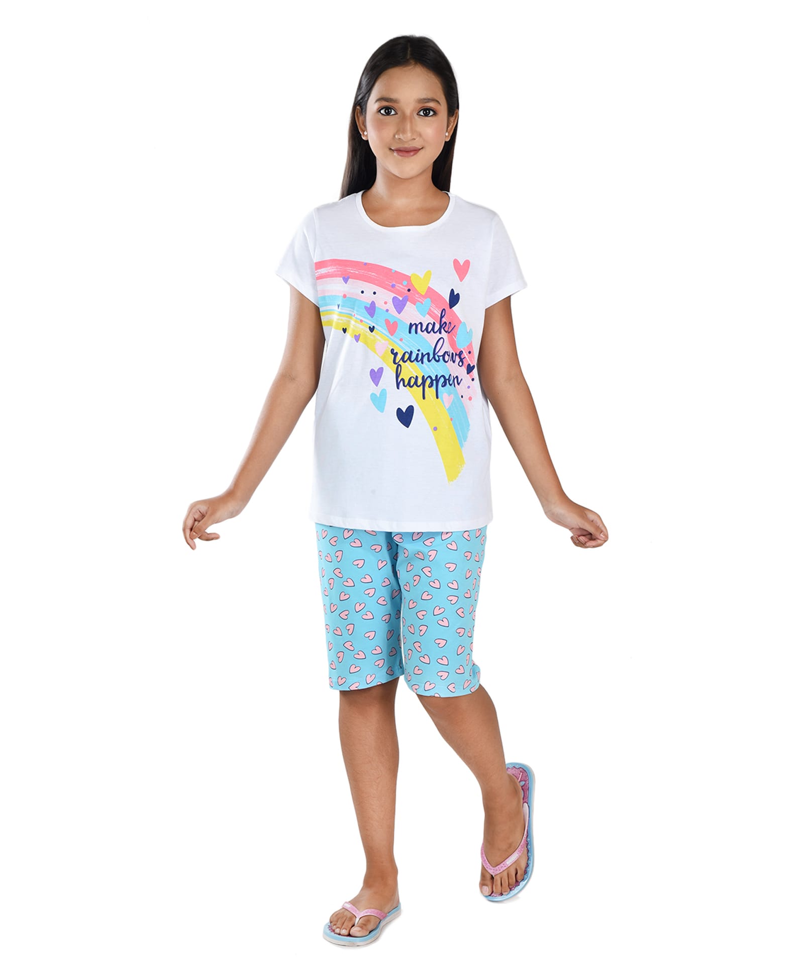Clothe Funn Girls Cotton Knit Half Sleeves Hearts & Make Rainbows Happen Text Printed Tee & Shorts Night Suit - White & Blue-image-3