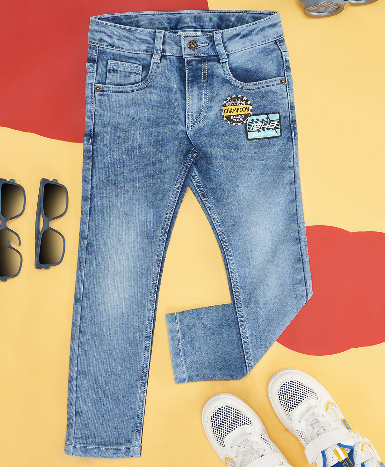 Pantaloons Junior Cotton Blend Denim Champion Text Patch Detailed Mild Washed Jeans - Blue-image-14