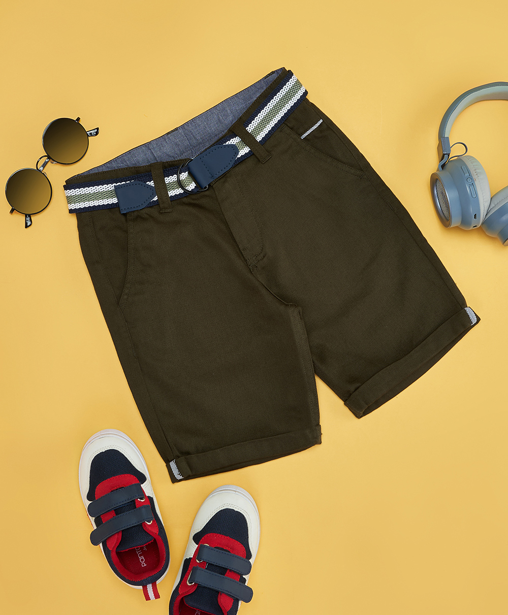 Pantaloons Junior Viscose Woven Solid Turn Up Hem Shorts - Olive Green-image-14