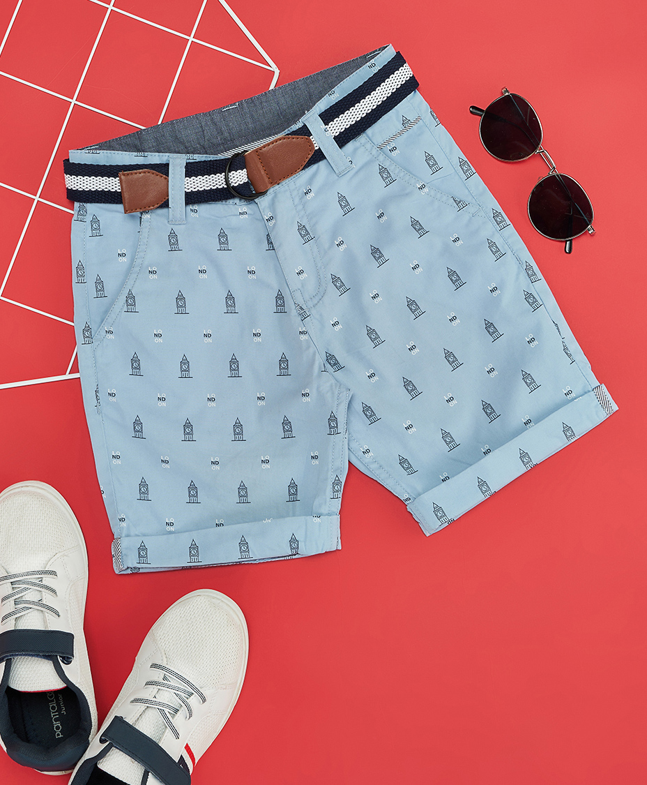Pantaloons Junior Cotton Elastane Woven Big Ben Printed Turn Up Hem Shorts - Blue-picture-14