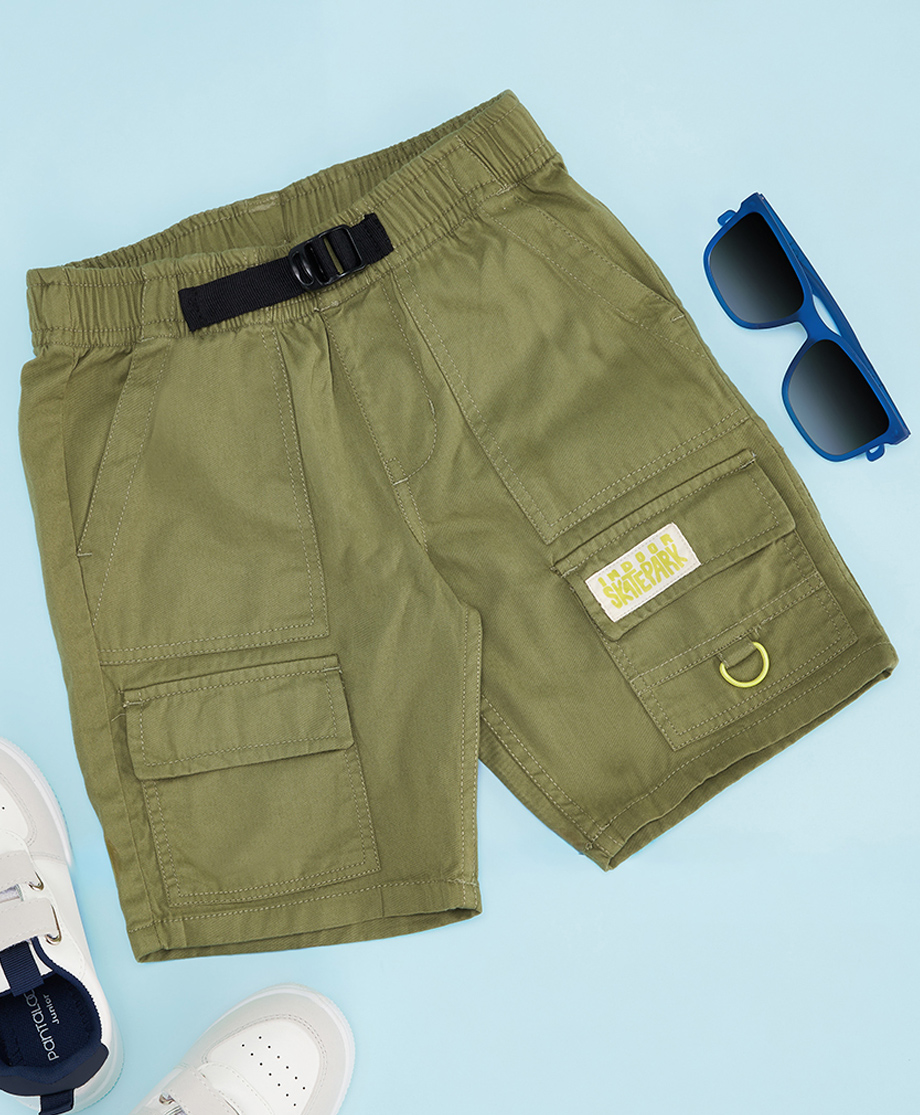 Pantaloons Junior Cotton Woven Indoor Skatepark Text Patch Detailed Shorts - Olive Green-picture-22