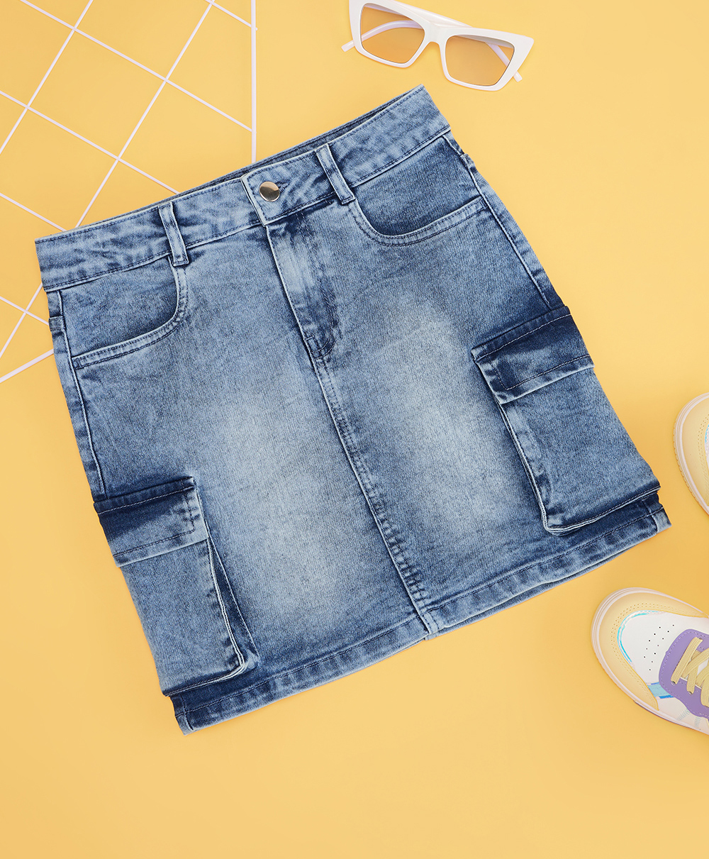 Pantaloons Junior Cotton Denim Washed Skirt - Blue-picture-19