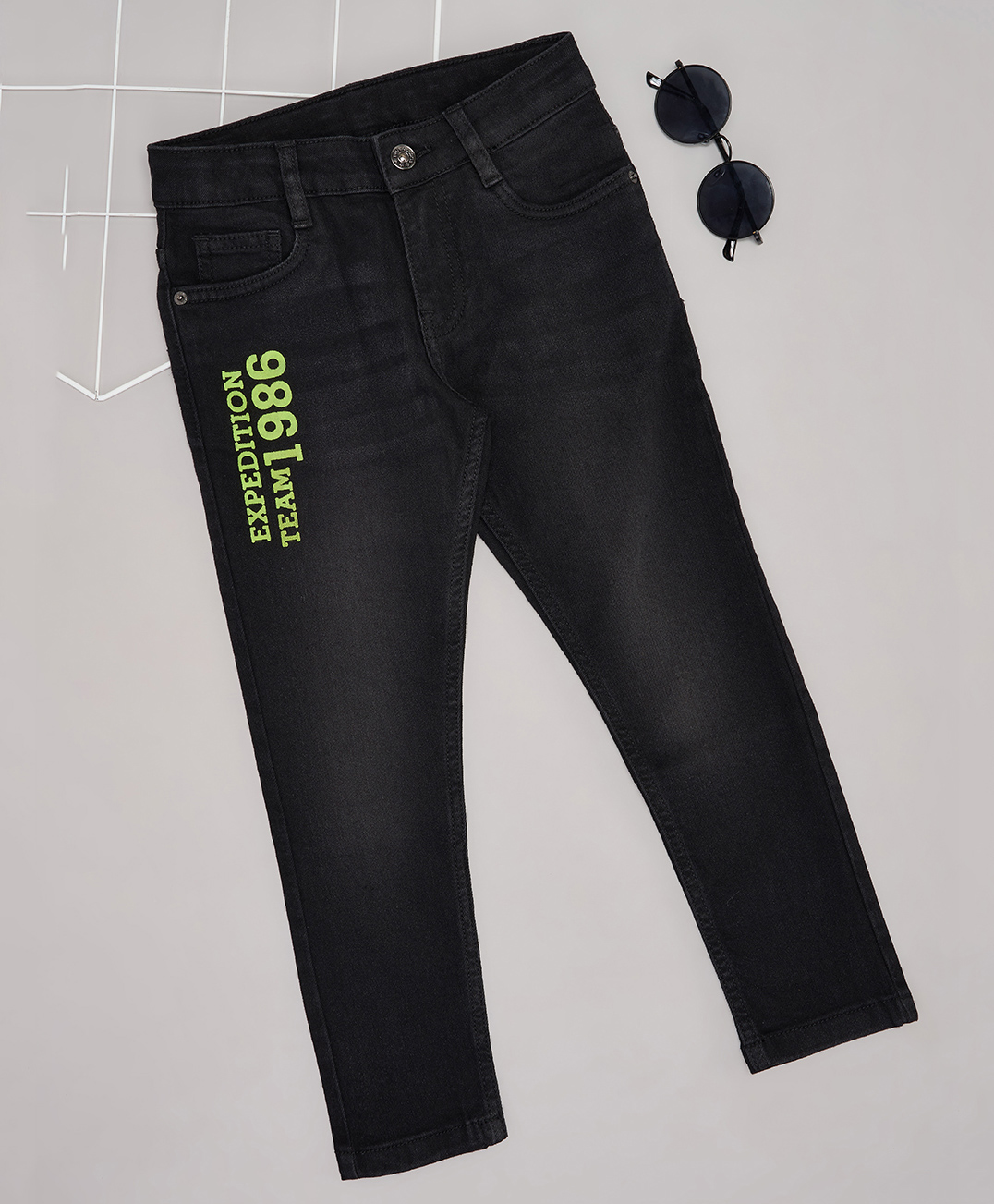 Pantaloons Junior Cotton Blend Denim Expedition Team 1986 Text Printed Washed Jeans - Charcoal Grey-picture-39