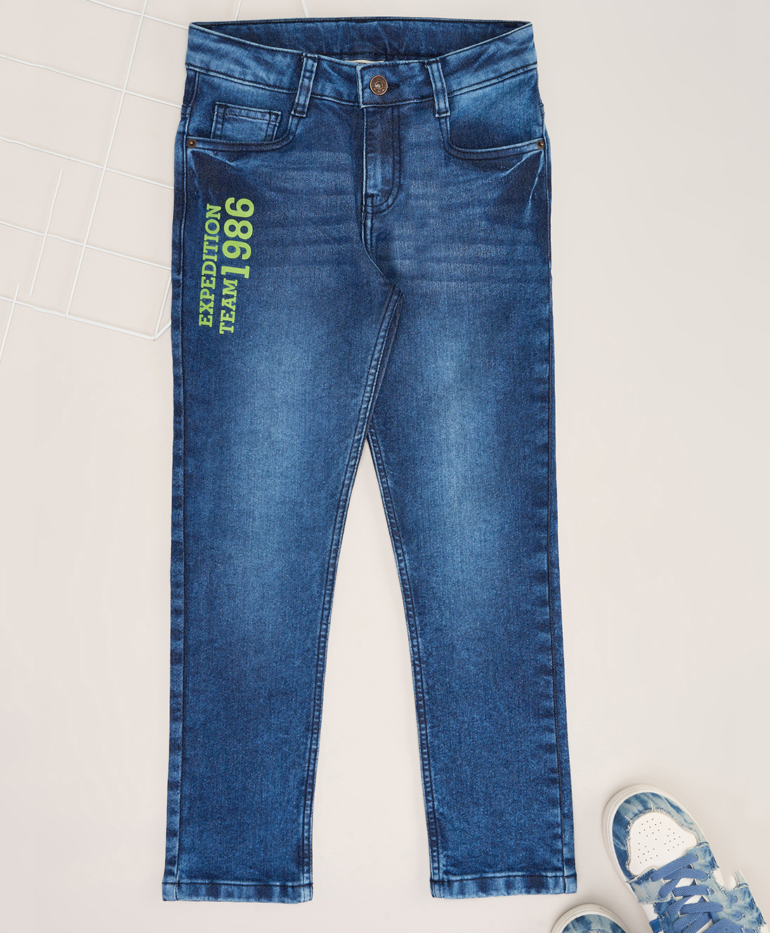 Pantaloons Junior Cotton Blend Denim Expedition Team 1986 Text Printed Washed Jeans - Blue-picture-26