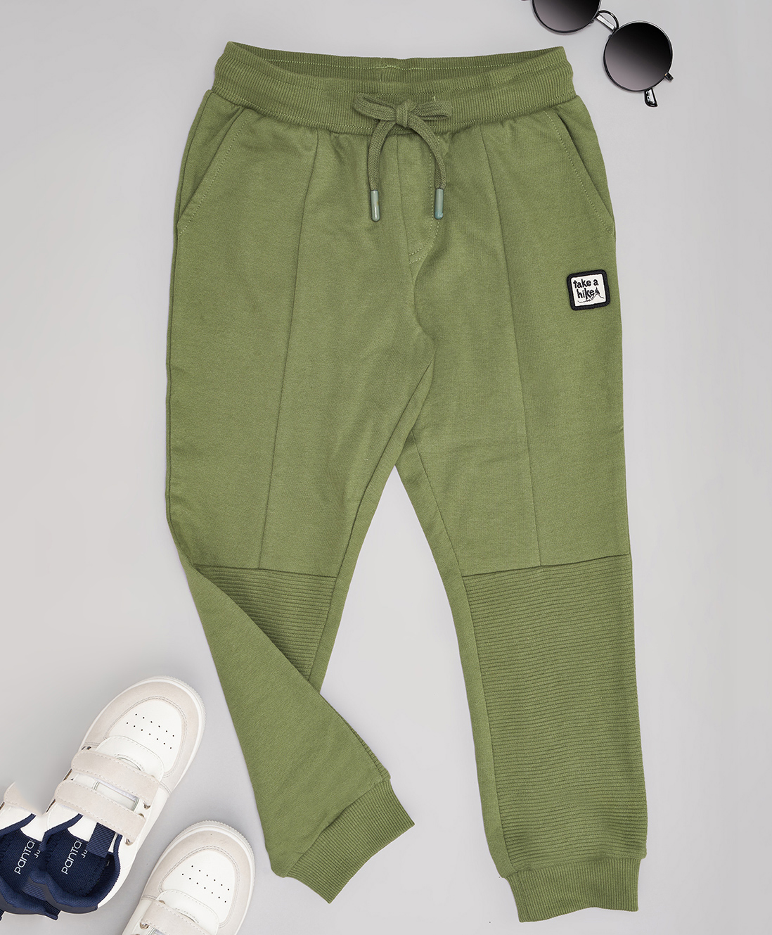 Pantaloons Junior Cotton Knit Take A Hike Text Patch Detailed Joggers - Olive Green-picture-35