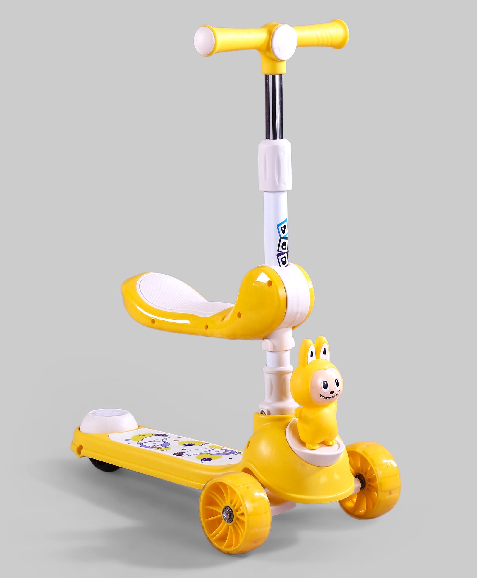 fab n funky Kids Scooter 2-in-1 with Foldable Seat - Yellow| Compact Foldable| Adjustable Handle Height| LED Light-Up Wheels| Lean-to-Steer| Rear Foot Brake|Wide Anti-Slip Deck| Activity Gift for Kids-picture-31