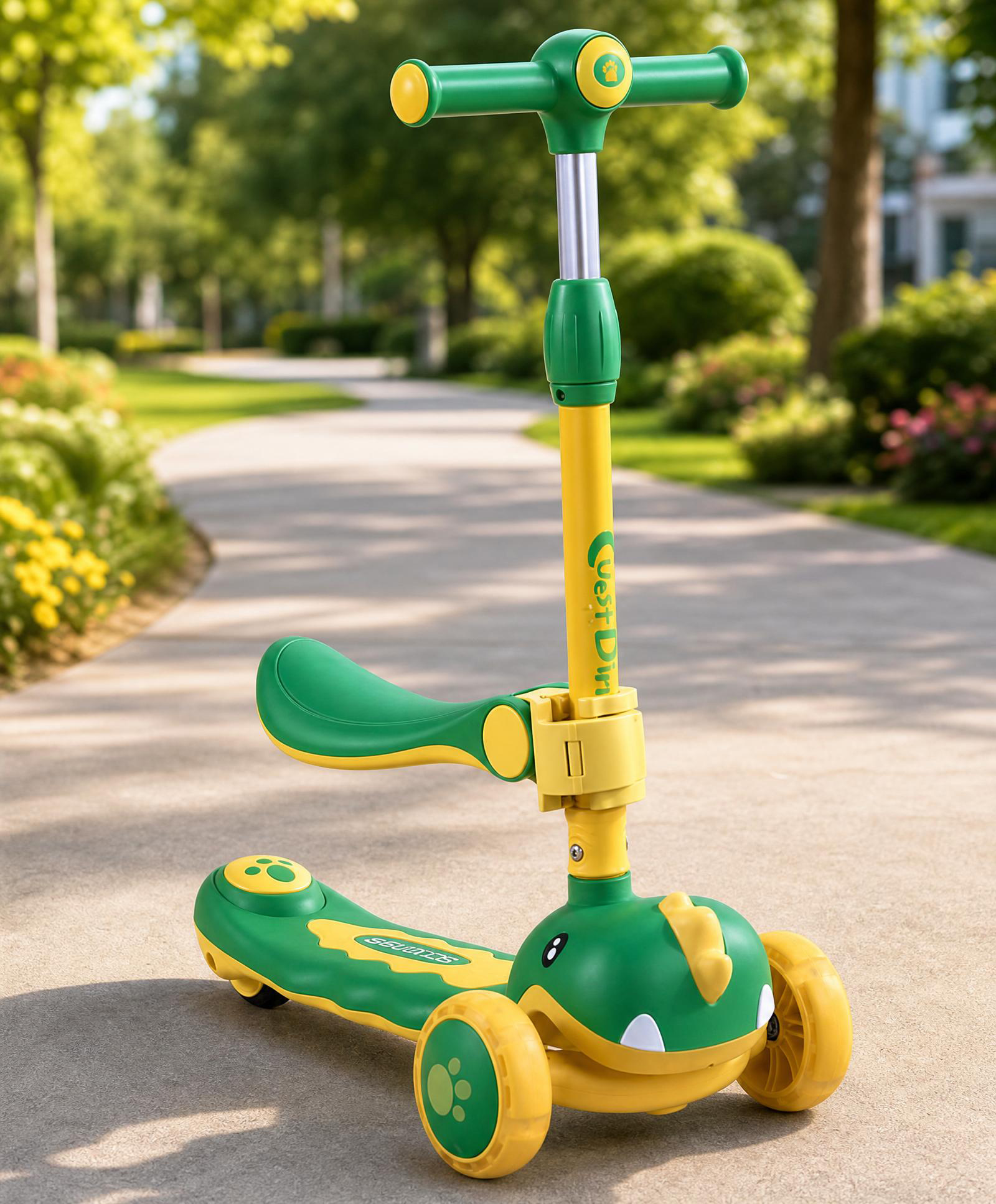 Dino Faced Unbreakable And Never Fall Down 2 in 1 Kids Scooter With Adjustable Height Music With Removable Seat And Non-Slip LED Deck And Wheel - Green-image-45