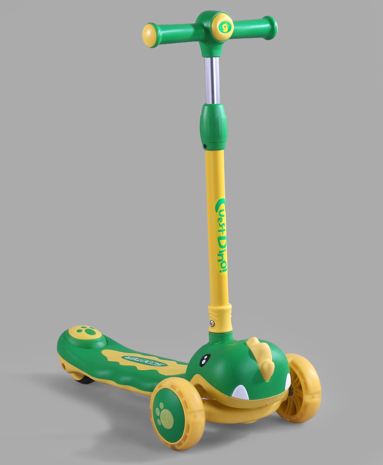 fab n funky Dino Faced Glider Toddler 3 Wheel Foldable Kids Kick Scooter With Led Light Up Deck And Wheel With Music And 3 level Height Adjustment - Yellow & Green-picture-37