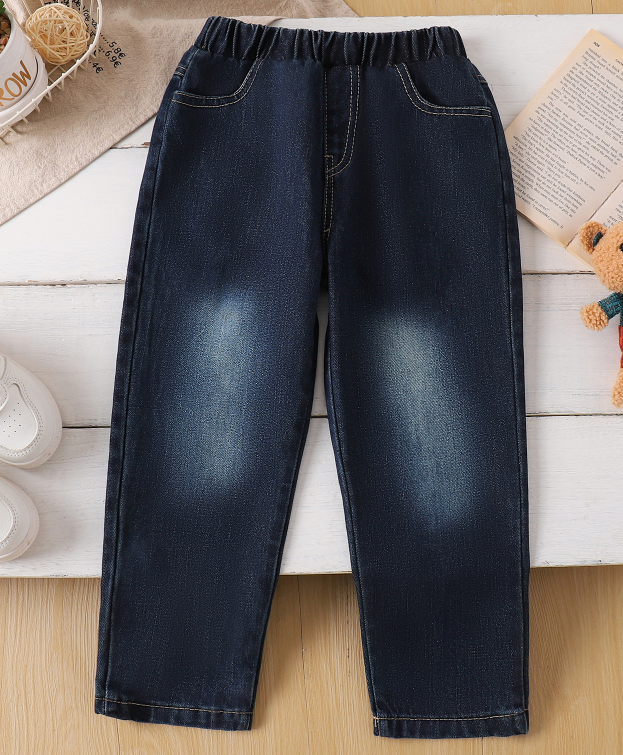 Mark & Mia Cotton Full Length Bear Embroidered Washed Jeans - Navy Blue-picture-26