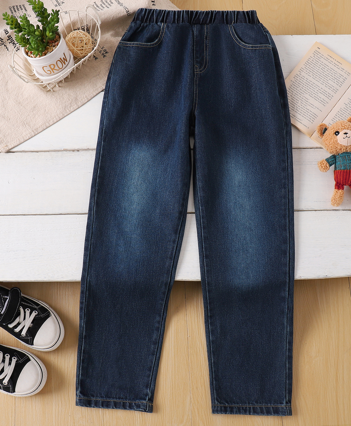 Mark & Mia Cotton Full Length Bear Embroidered Washed Jeans - Navy Blue-picture-22