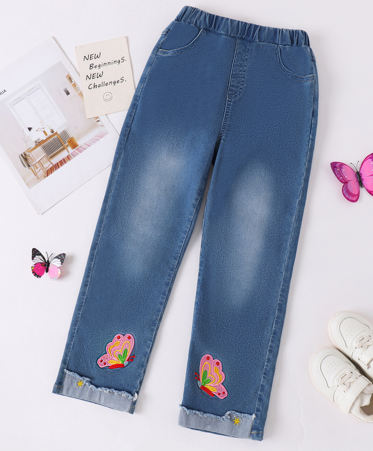 Mark & Mia Full Length Washed Jeans With Butterfly Embroidery - Light Blue-picture-36