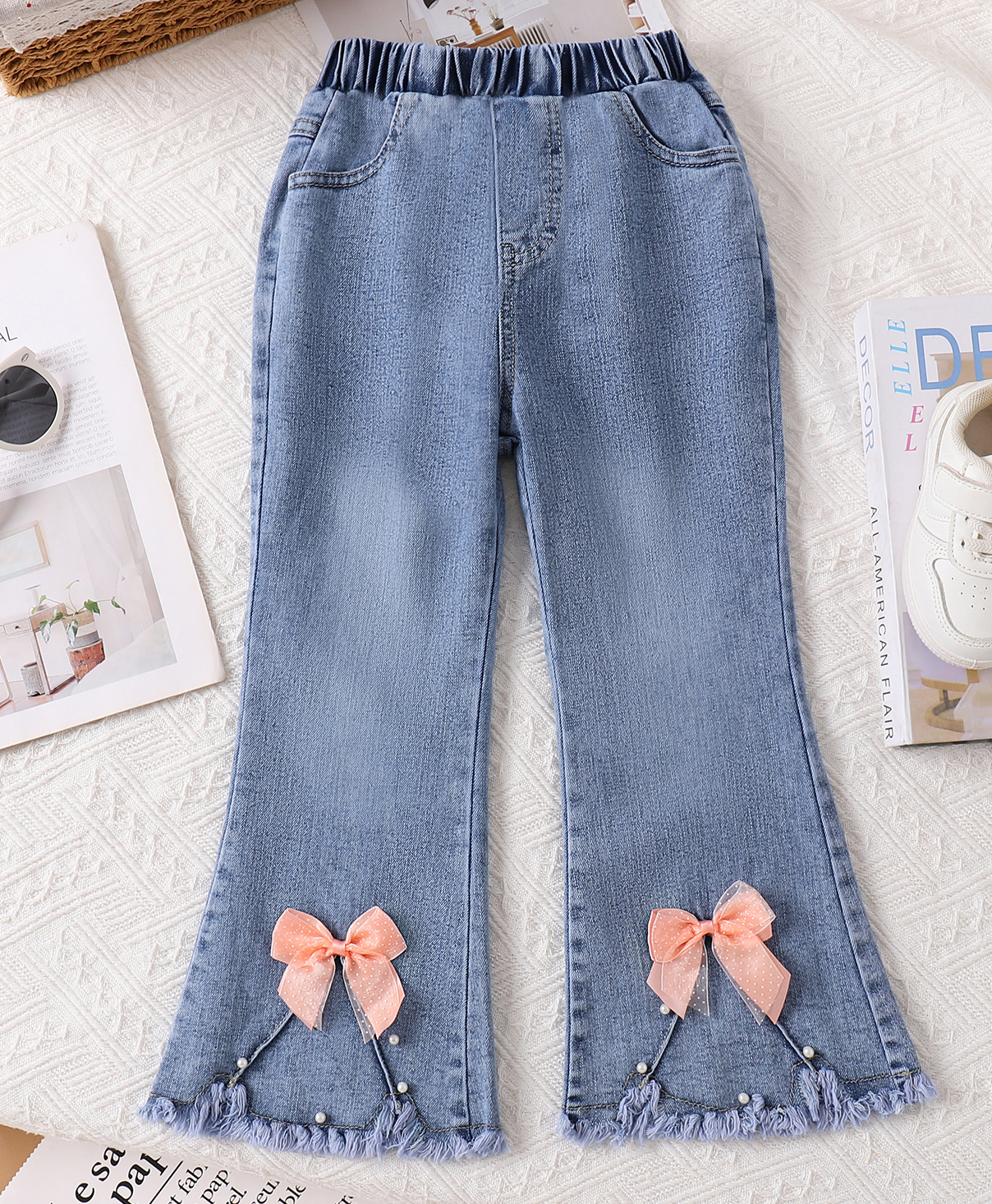 Mark & Mia Cotton Full Length Washed Jeans With Pearl Embellishment & Bow Applique - Light Blue-image-35