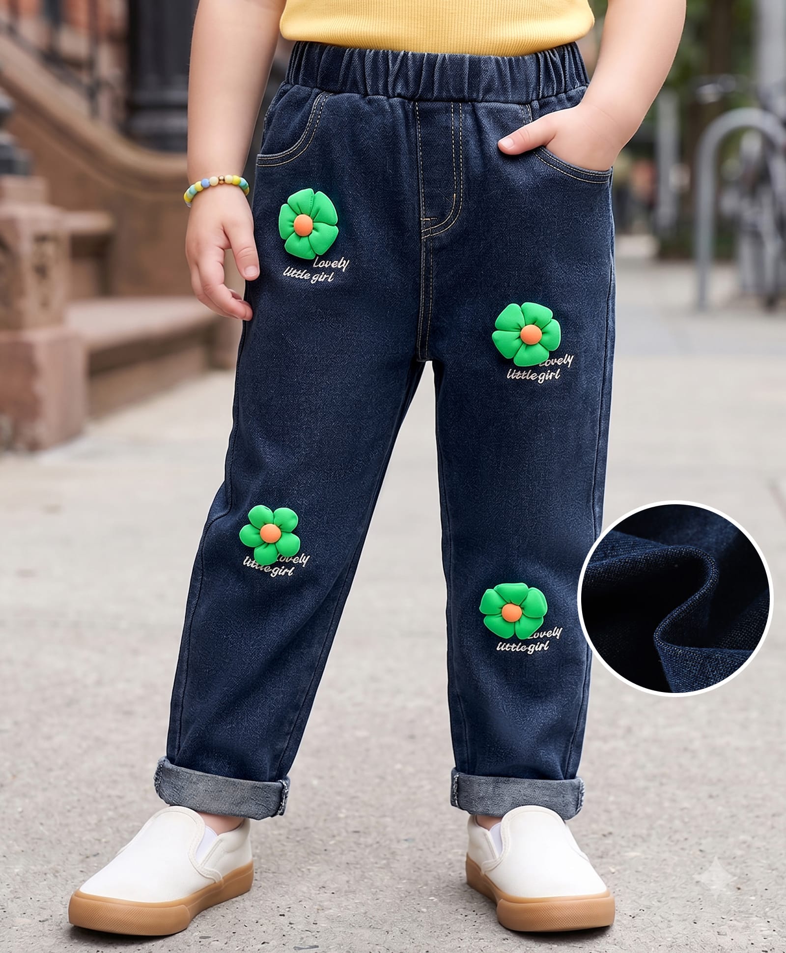 Mark & Mia Cotton Full Length Washed Jeans With Floral Applique - Navy Blue-picture-10