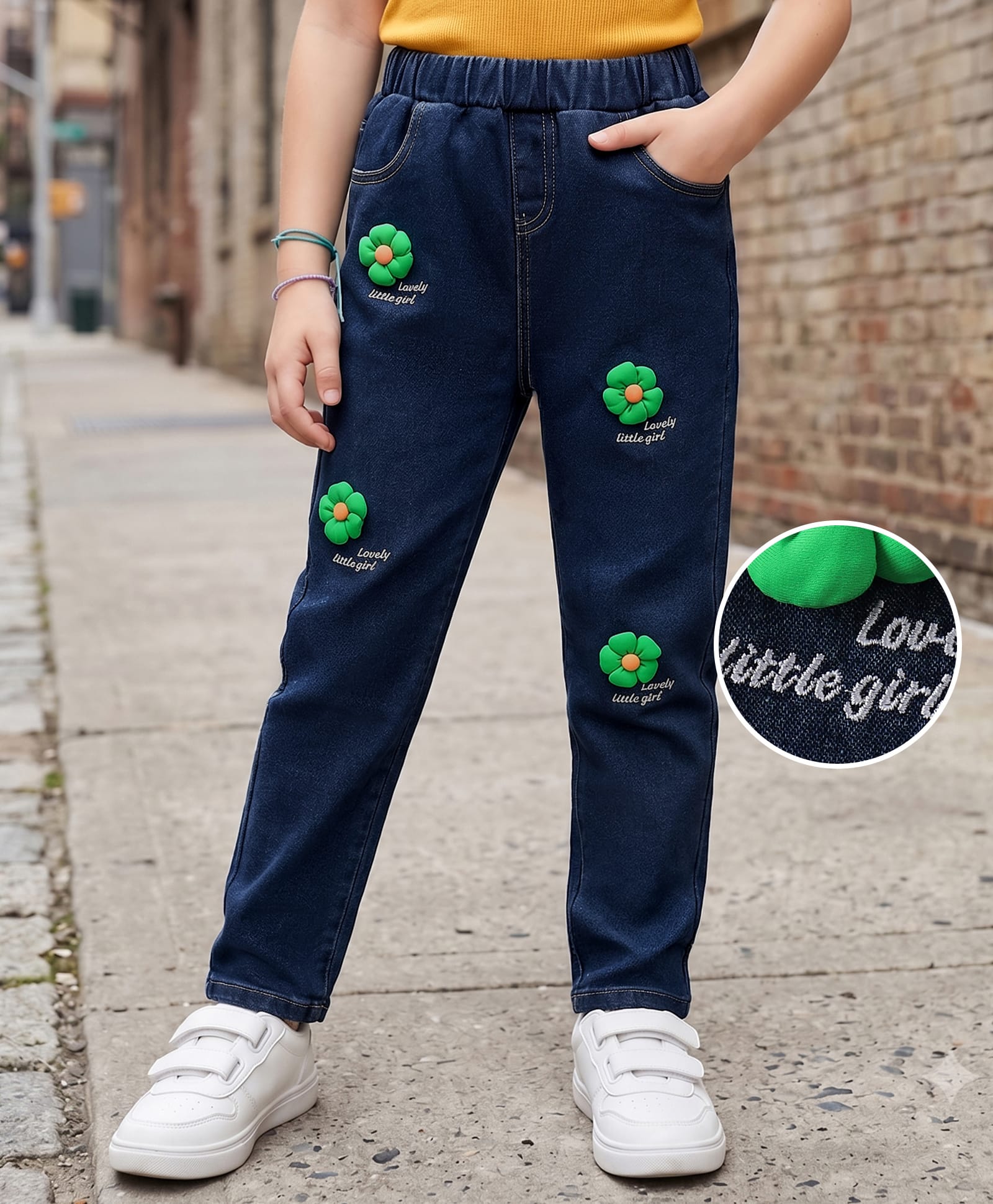 Mark & Mia Cotton Full Length Washed Jeans With Floral Applique - Navy Blue-picture-32