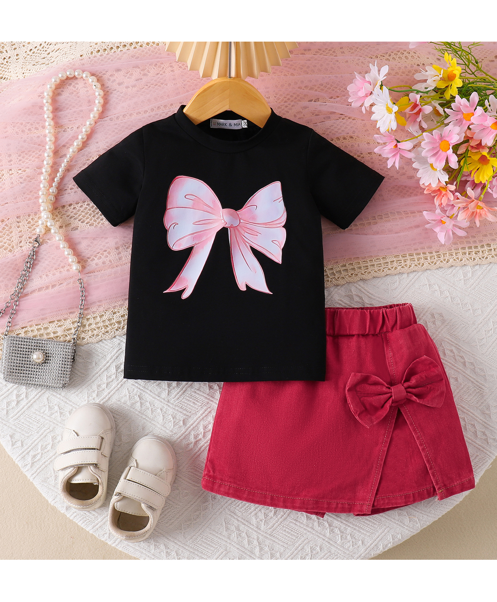 Mark & Mia Half Sleeves Top & Skort Set With Bow Print & Applique - Black-picture-20