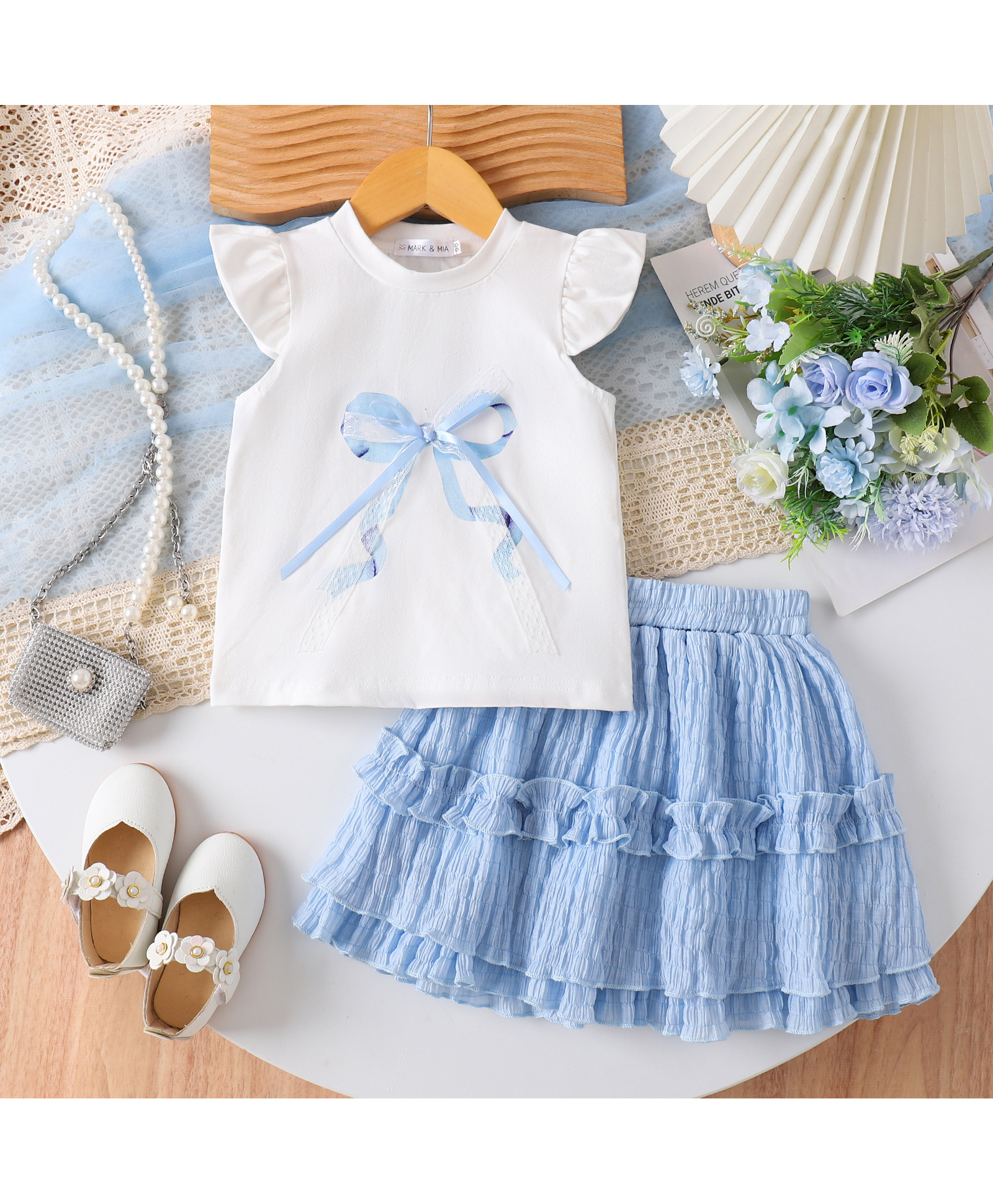 Mark & Mia Half Sleeves Top & Skirt Set With Bow Applique - Blue-image-14