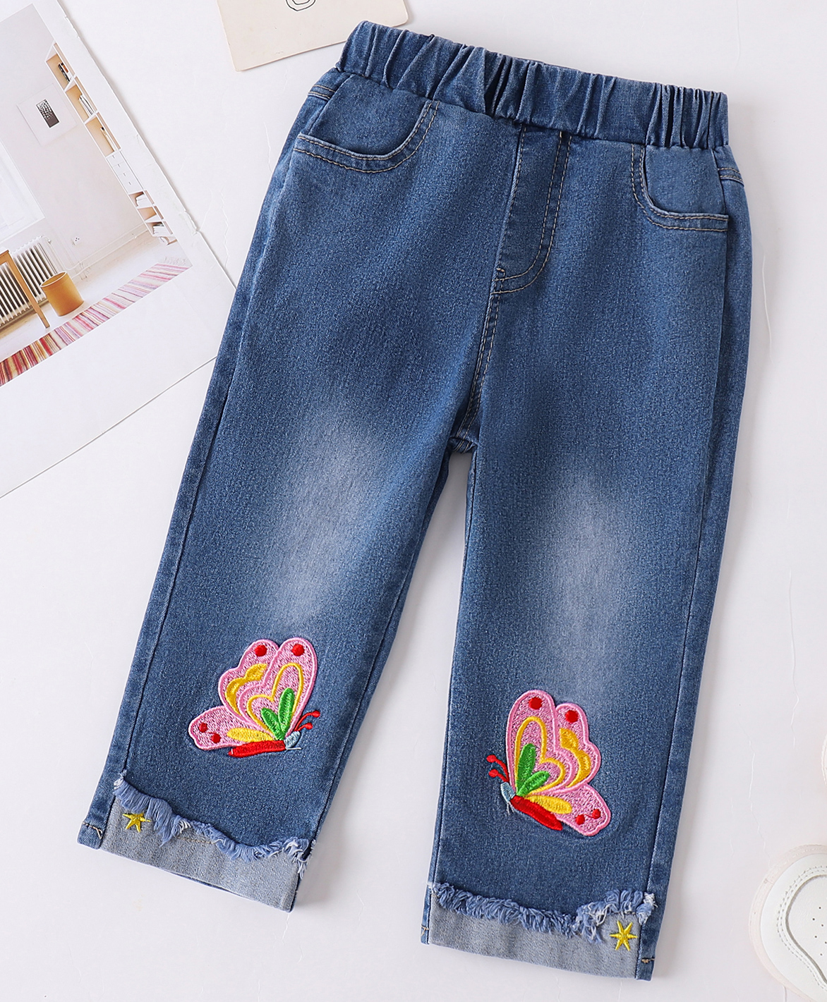 Mark & Mia Cotton Full Length Washed Jeans With Butterfly Embroidery - Blue-picture-22