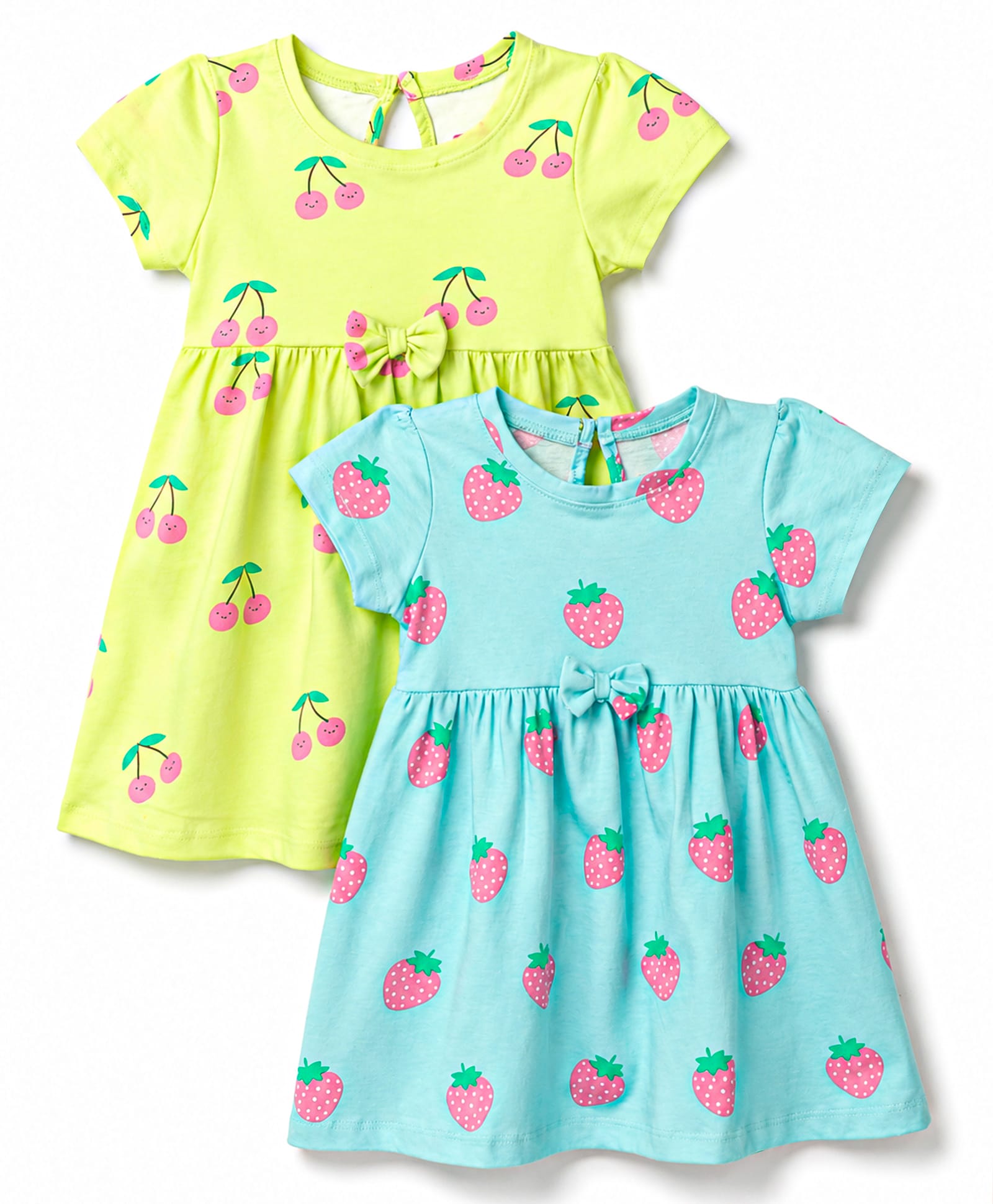 Babyhug Single Jersey Knit Half Sleeves Frocks with Fruit Print & Bow Applique Pack of 2 - Multicolor-picture-21