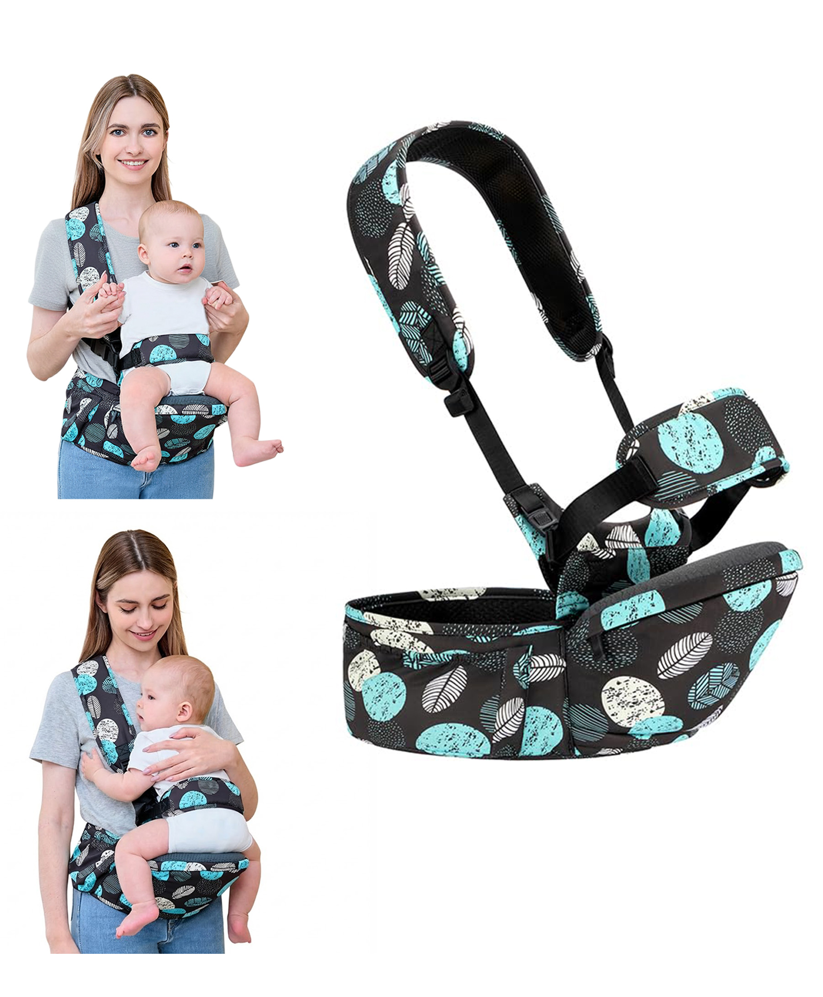 Angels & Mice Cuddle 4-in-1 Hip Seat Baby Carrier for Newborn to 36 Months , Up to 20 kg , Ergonomic M-Shape Seat , Padded Shoulder & Waist Belt , Multiple Storage Pockets - Black & Blue-image-25