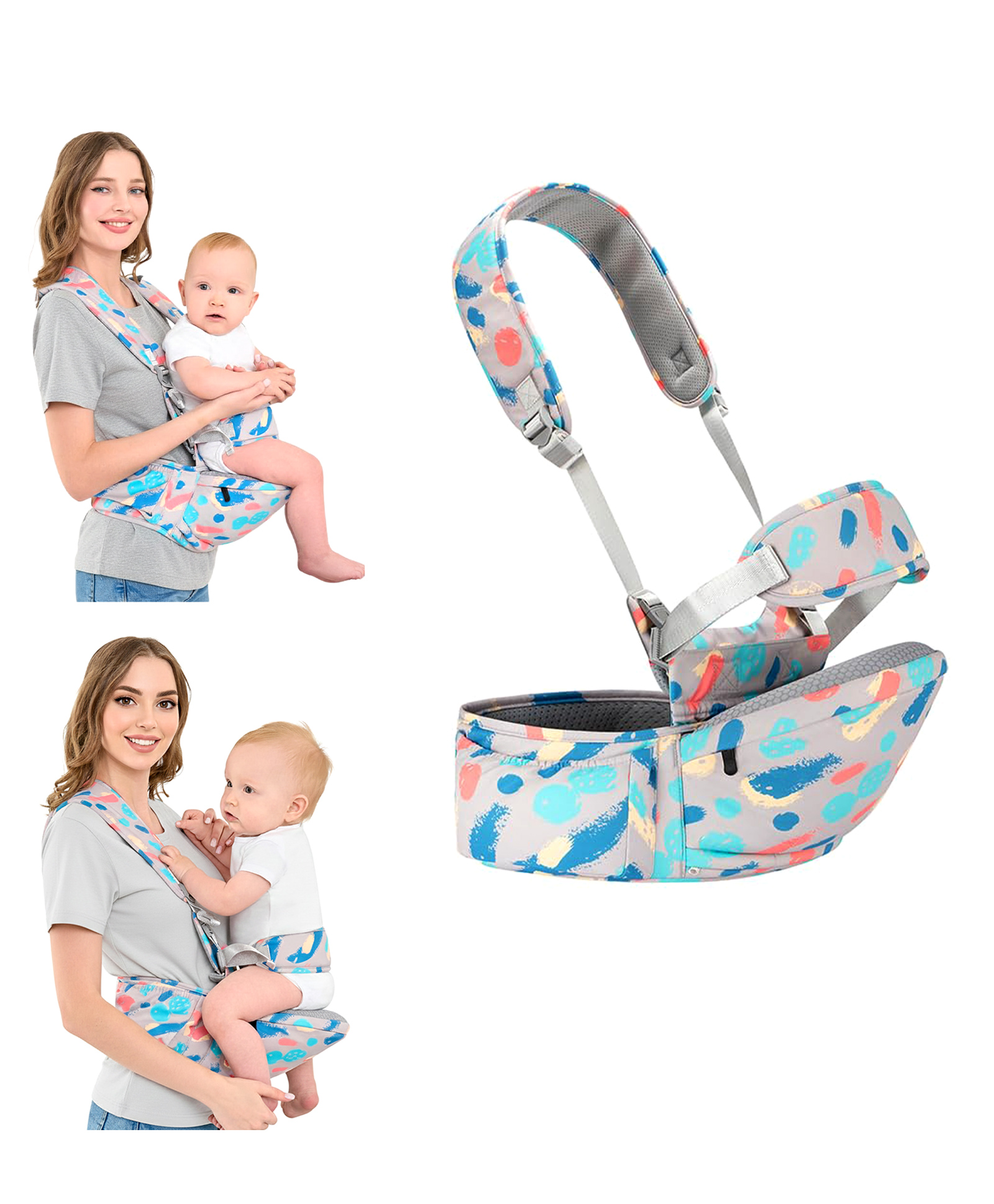 Angels & Mice Cuddle 4-in-1 Hip Seat Baby Carrier for Newborn to 36 Months , Up to 20 kg , Ergonomic M-Shape Seat , Padded Shoulder & Waist Belt , Multiple Storage Pockets - Grey-image-32