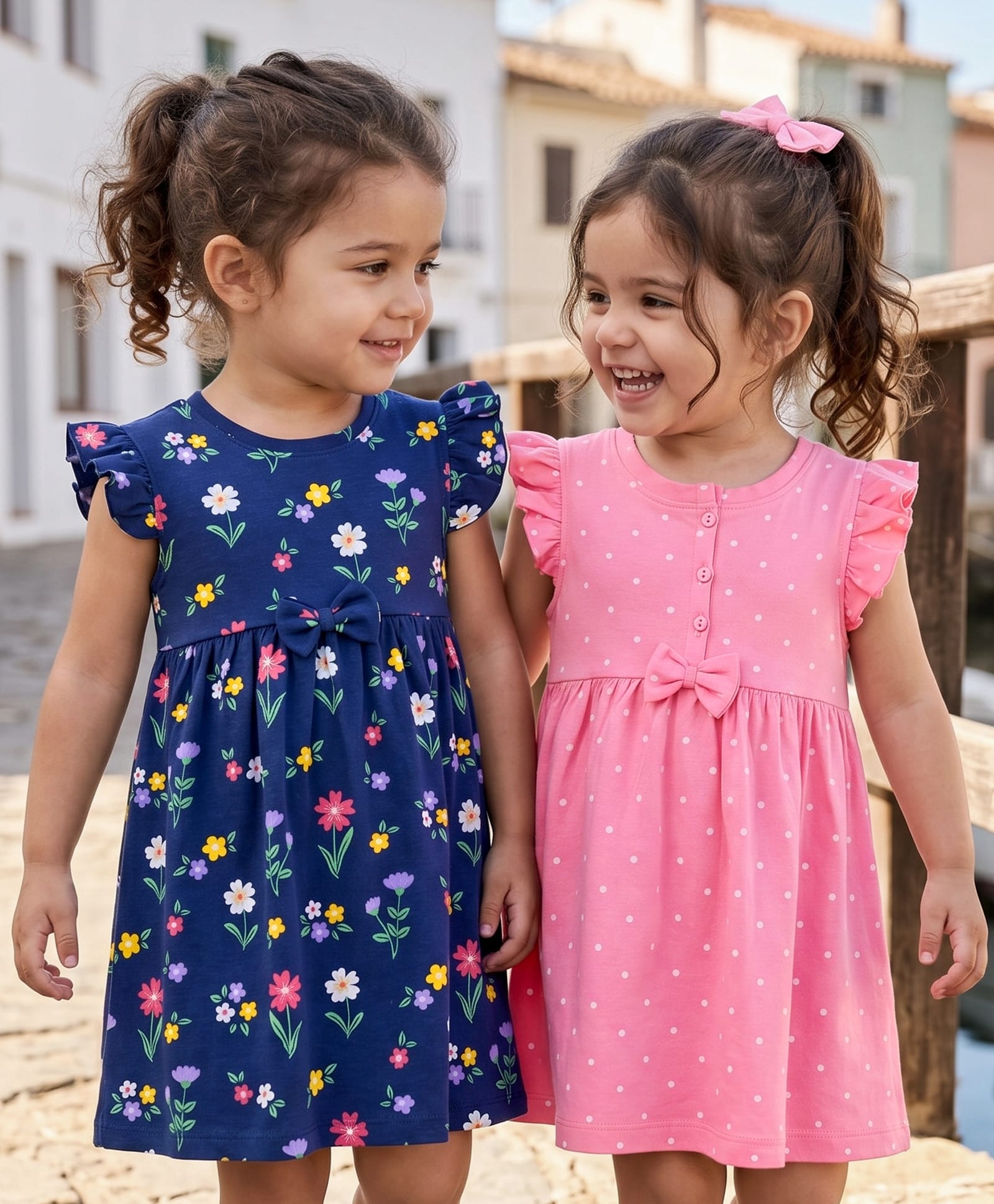 Babyhug Cotton Knit Ruffle Sleeves Floral & Polka Dots Printed Frocks With Bow Pack Of 2 -Multi Color-picture-12