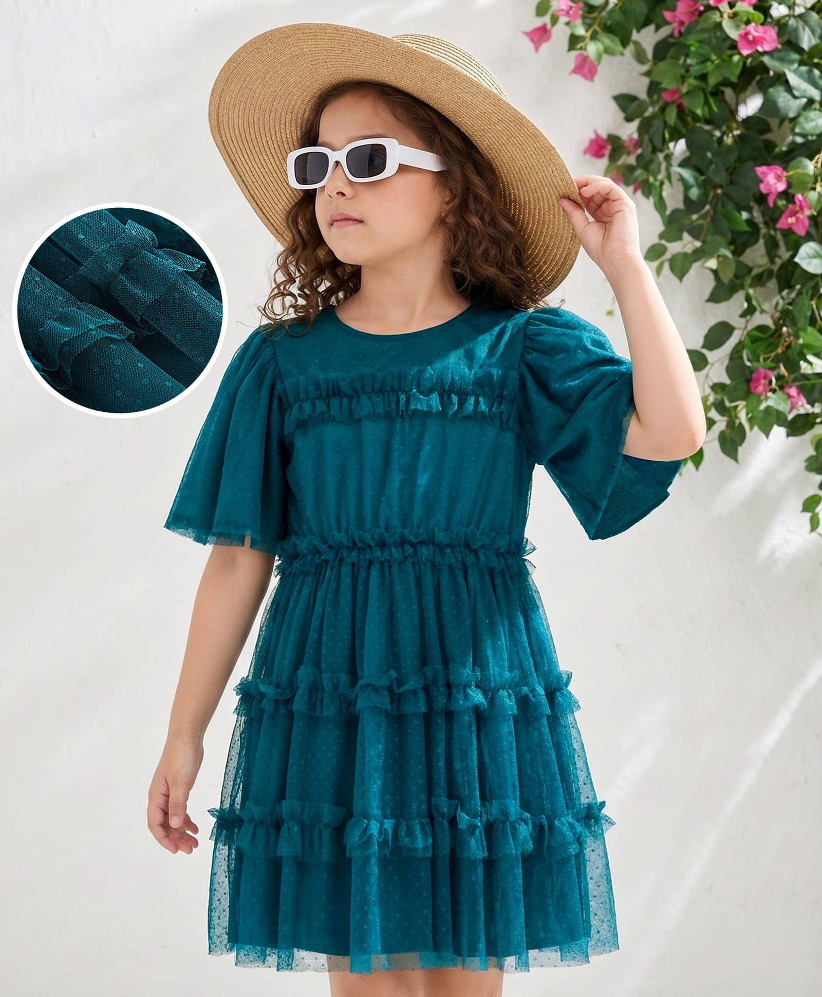 Hola Bonita Knit Half Sleeves Knee Length Solid Frock With Dobby Mesh Fabric - Teal Blue-image-35