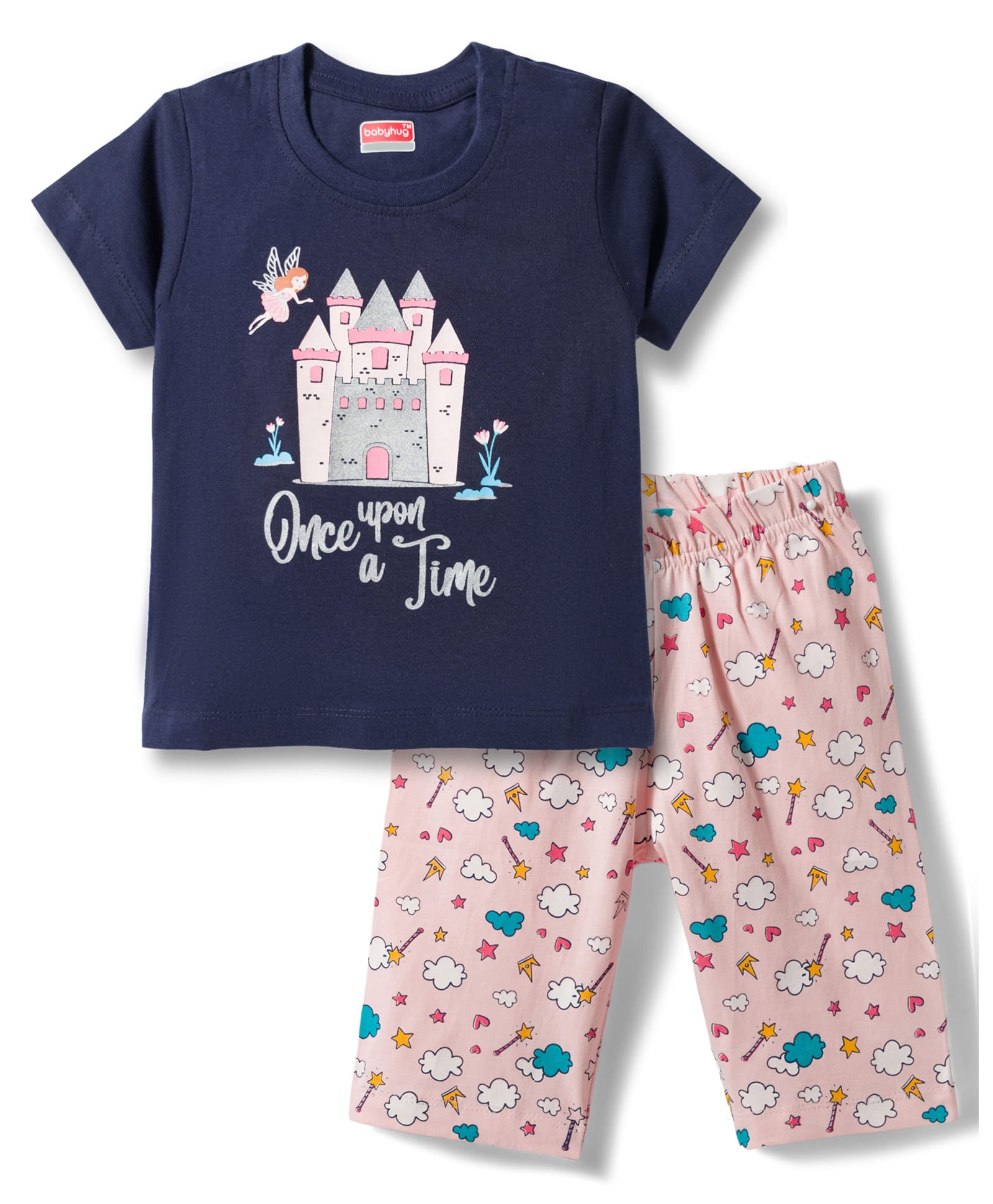 Babyhug Cotton Knit Half Sleeves T-Shirt & Capri Night Suit With Fairy & Castle Print - Navy Blue-image-12