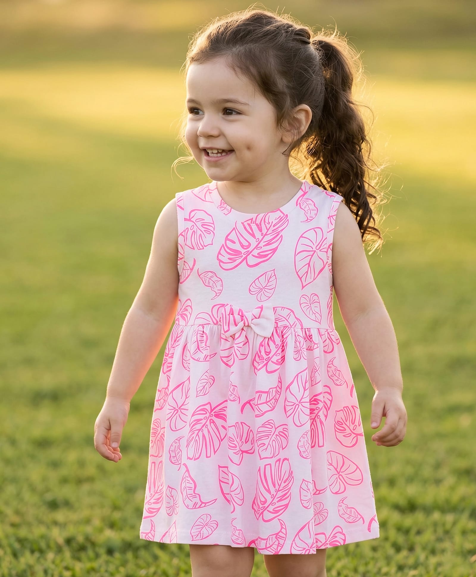 Babyhug Single Jersey Knit Sleeveless Frock With Leaf Print & Bow Applique - White-image-32