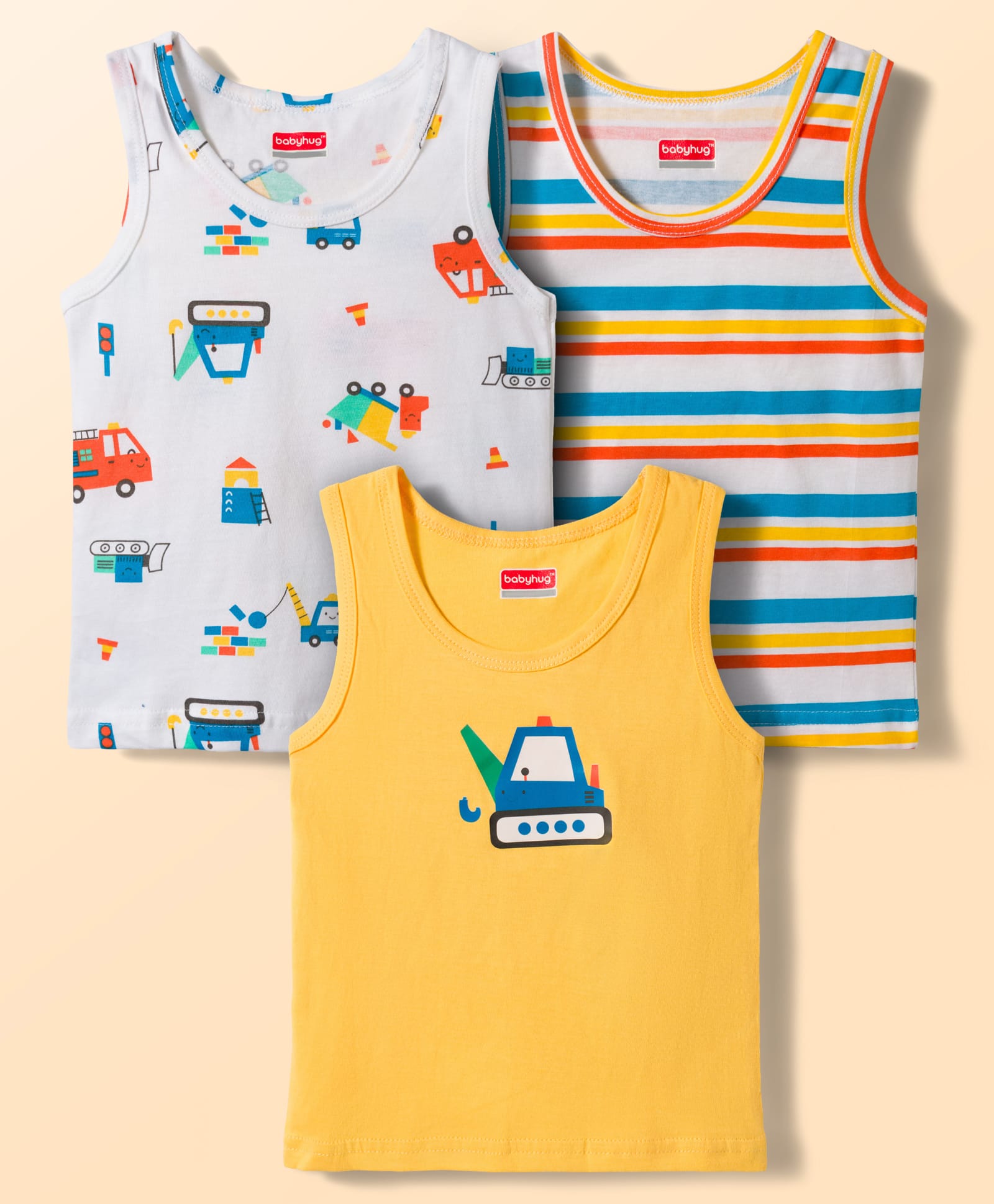 Babyhug 100% Cotton Knit Sleeveless Striped & Vehicles Printed Vests Pack Of 3 - Multicolour-image-21