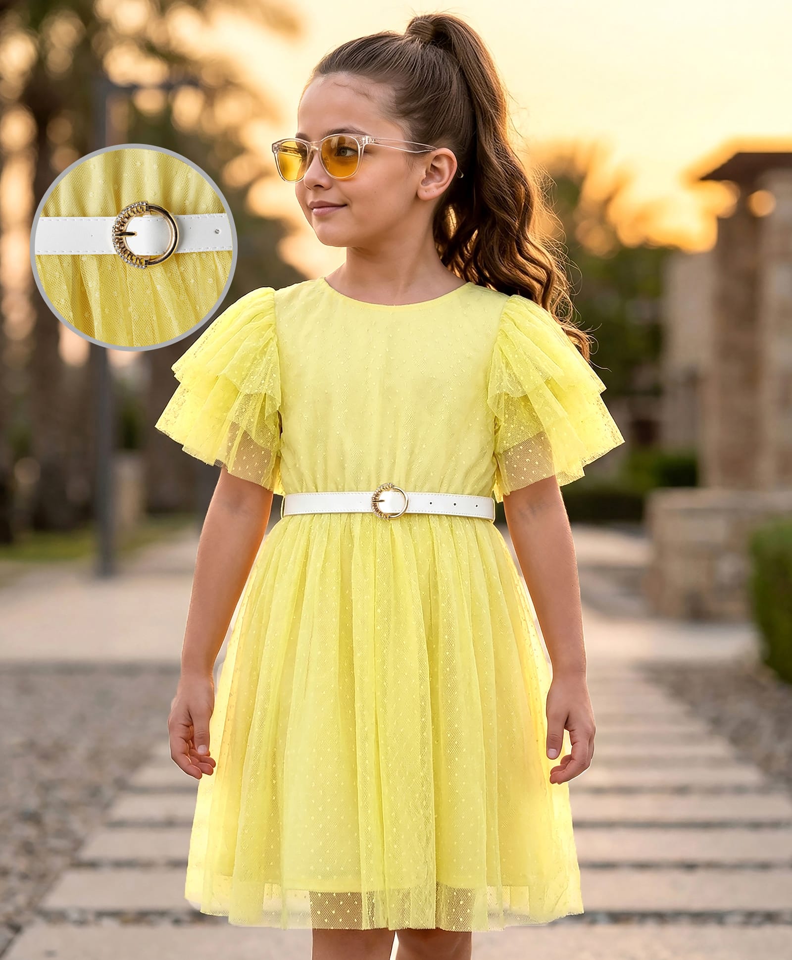 Hola Bonita Knit Half Flutter Sleeves Polka Dots Printed Frock With Belt - Yellow-picture-28