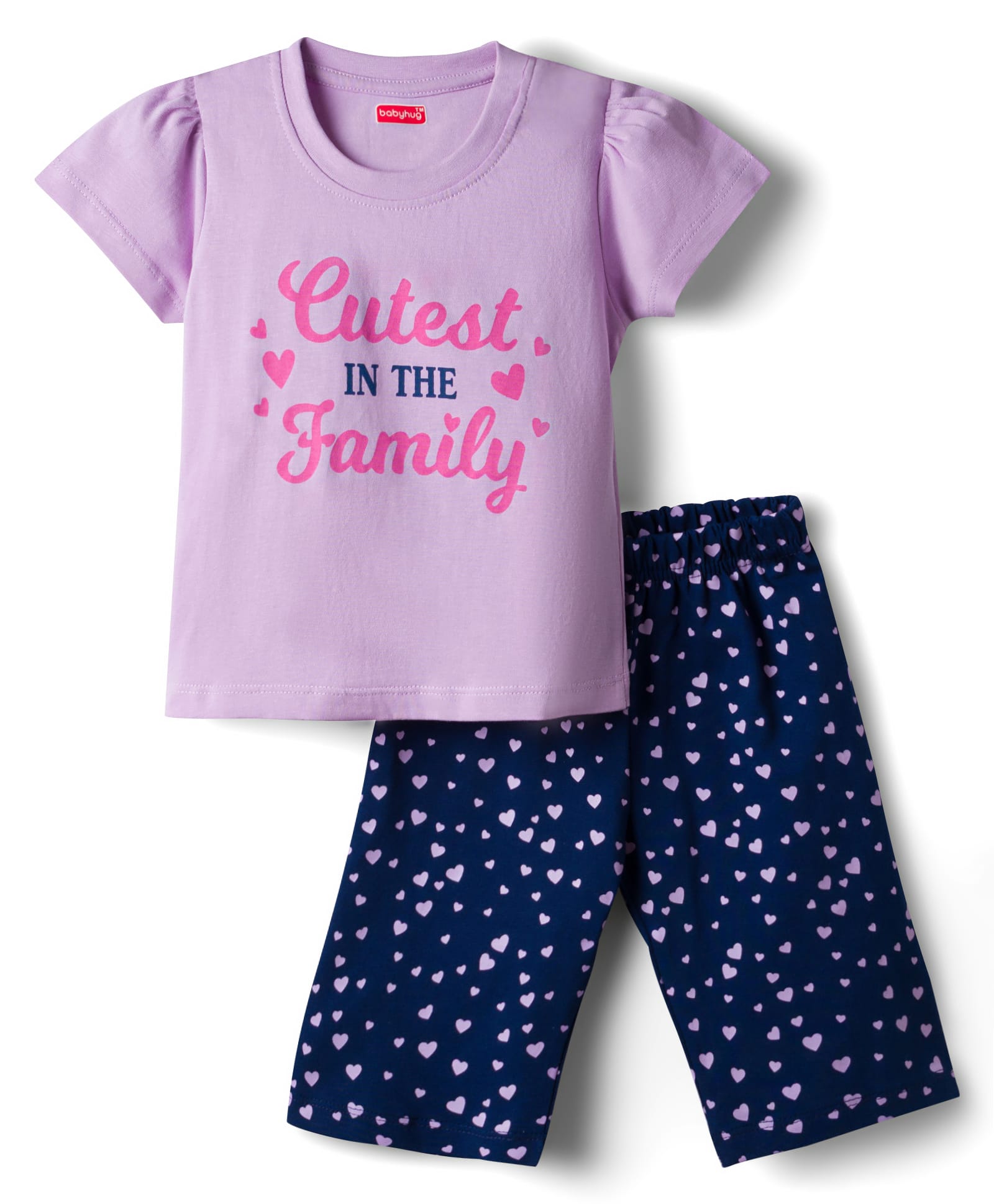 Babyhug Cotton Knit Half Sleeves T-Shirt & Capri Night Suit With Heart Print - Lavender-image-11