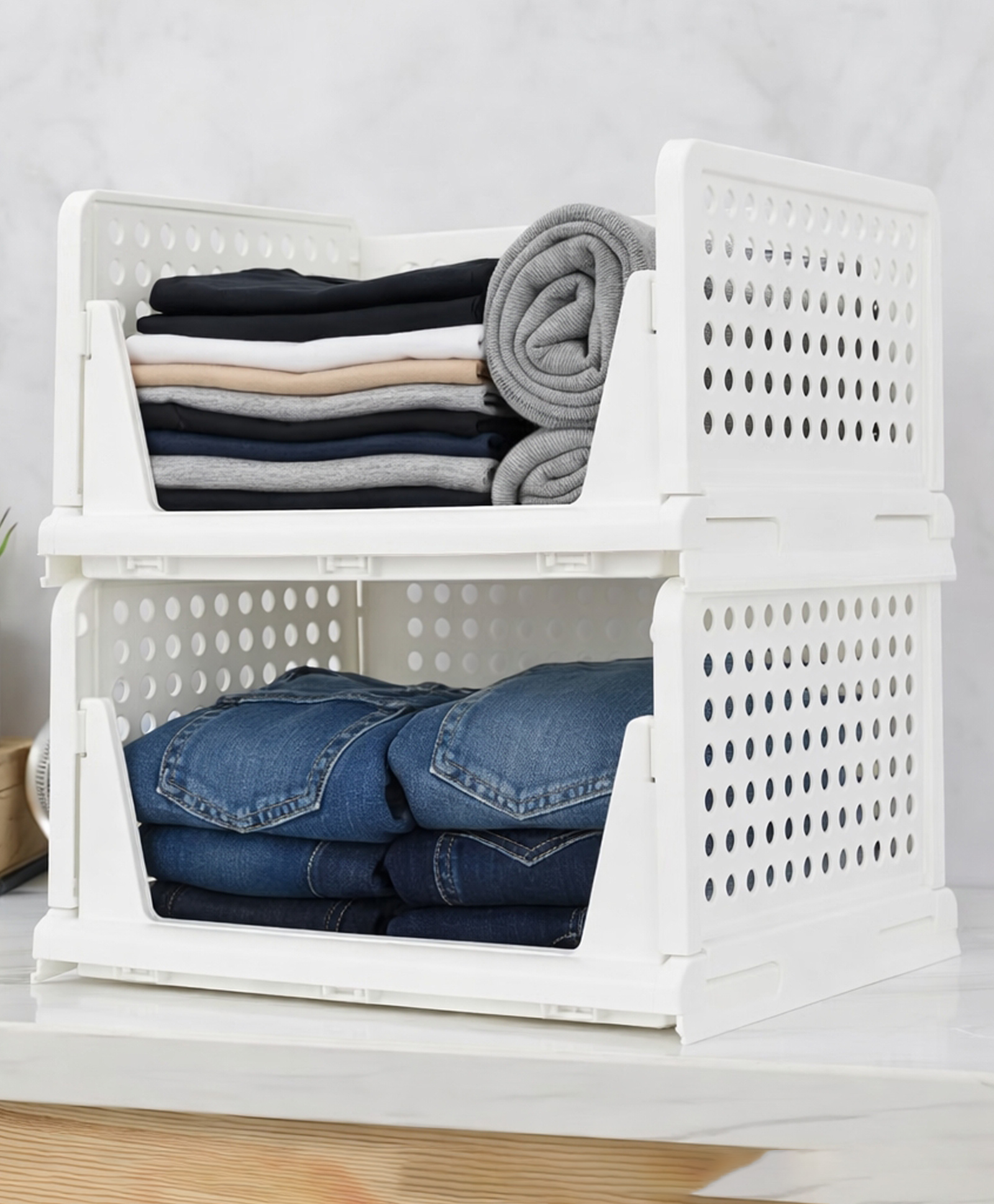 Mechdel Acrylonitrile Butadiene Styrene Stackable And Foldable Wardrobe Storage Basket Big Size- White, 2PCS-image-11