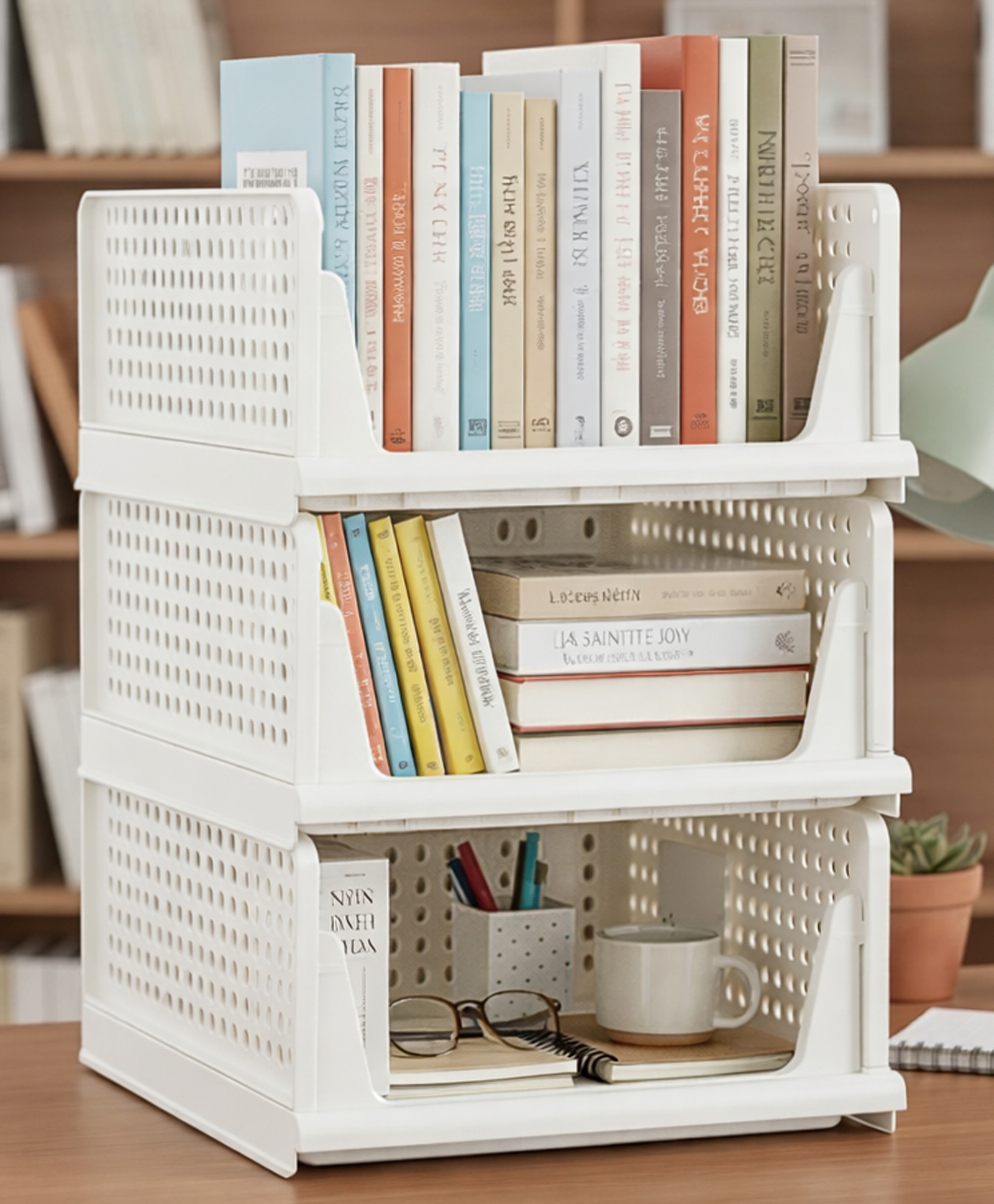 Mechdel Acrylonitrile Butadiene Styrene Stackable And Foldable Wardrobe Storage Basket Big Size- White, 3 PCD-image-10