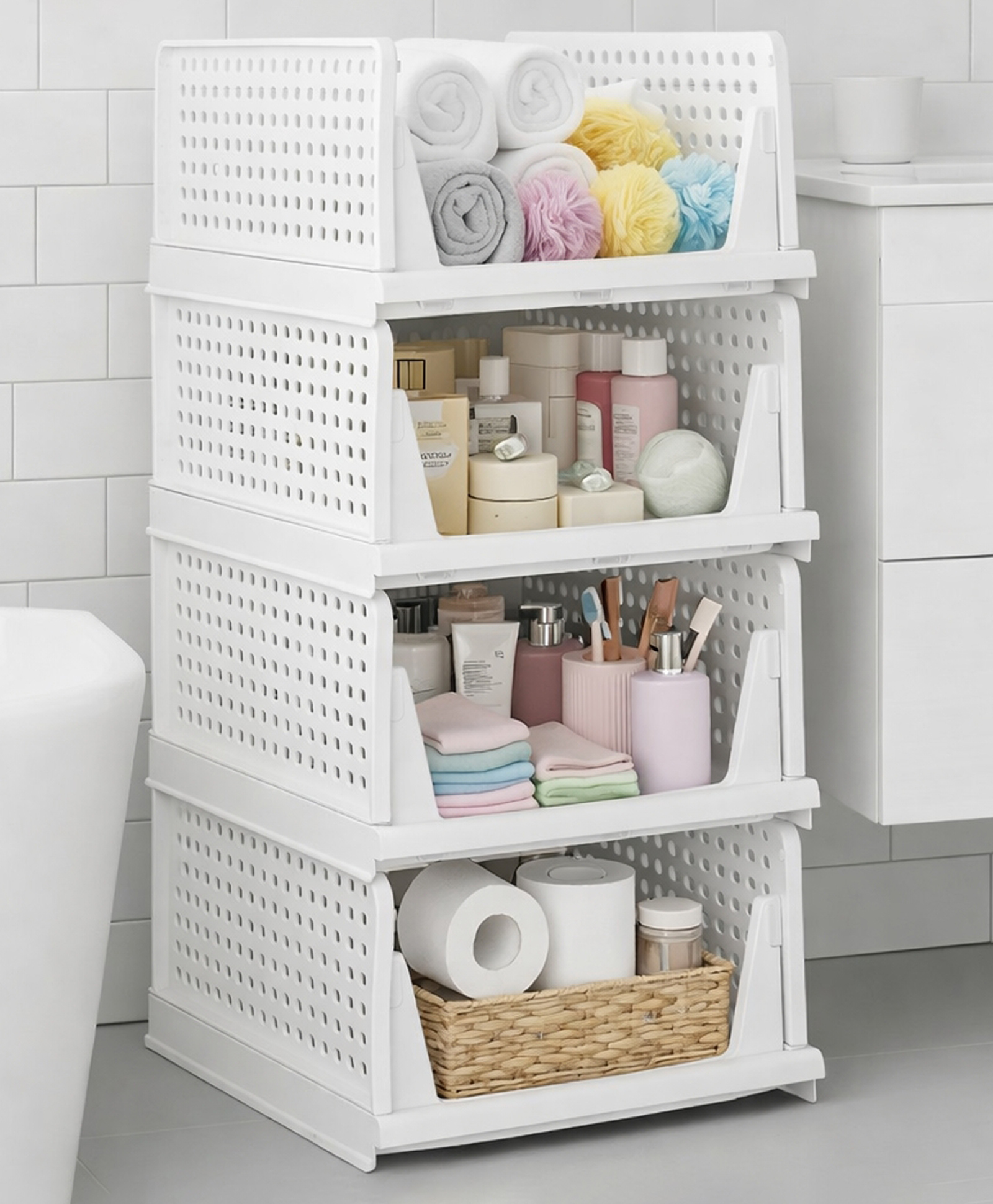 Mechdel Acrylonitrile Butadiene Styrene Stackable And Foldable Wardrobe Storage Basket Big Size- White, 4 PCS-image-15