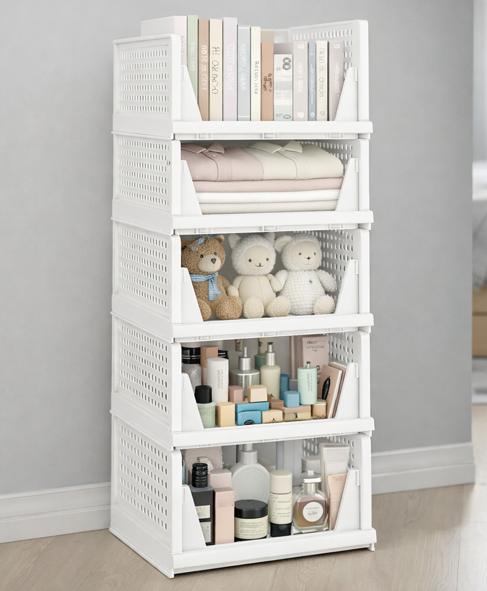 Mechdel Acrylonitrile Butadiene Styrene Stackable And Foldable Wardrobe Storage Basket Big Size- White, 5 PCS-image-3