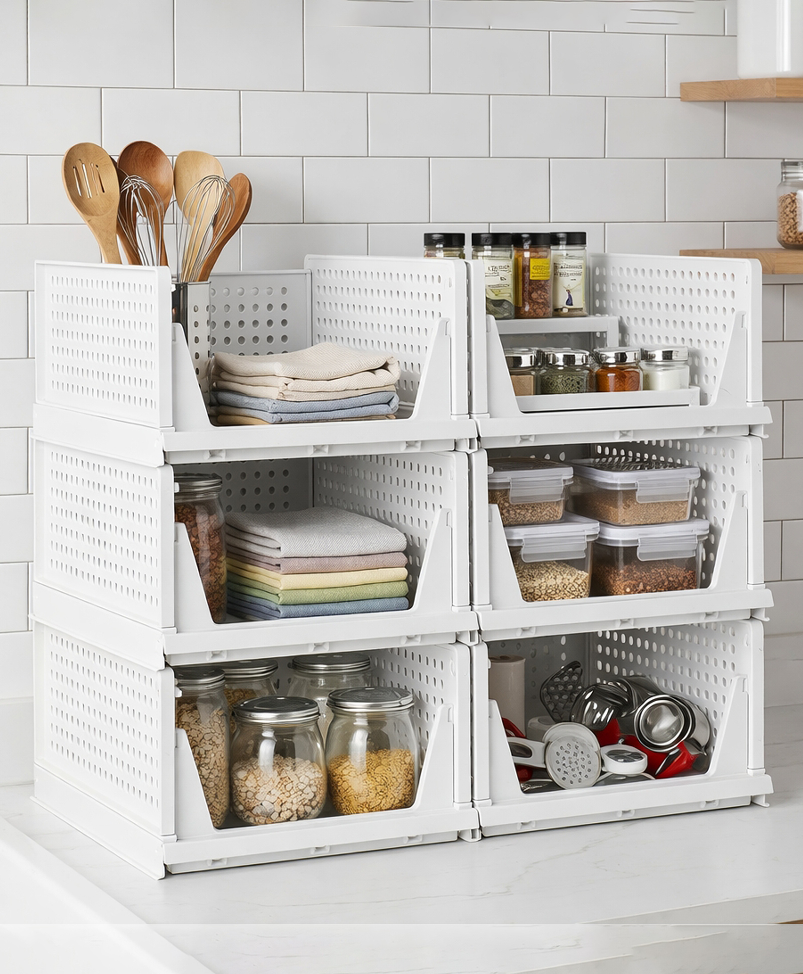 Mechdel Acrylonitrile Butadiene Styrene Stackable And Foldable Wardrobe Storage Basket Big Size- White, 6 PCS-image-13