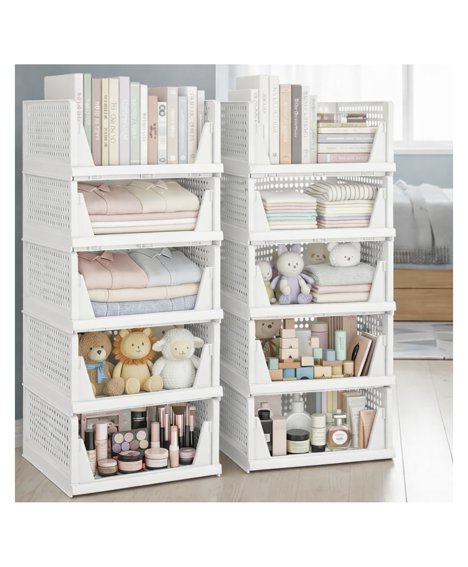 Mechdel Acrylonitrile Butadiene Styrene Stackable And Foldable Wardrobe Storage Basket Big Size- White, 10 PCS-image-16