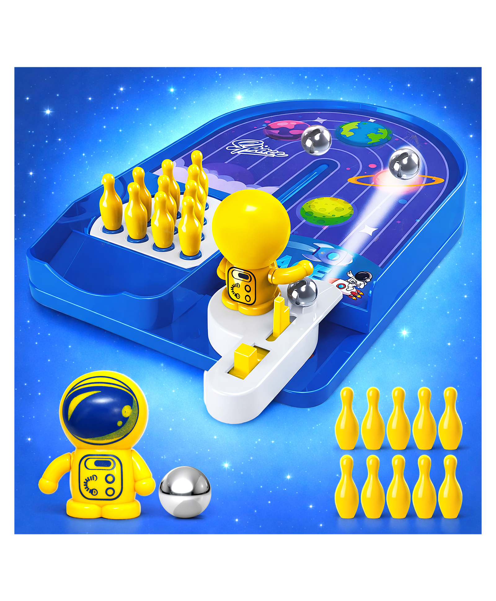 VGRASSP Space Theme Pinball Bowling Game Toy Set For Kids - Interactive Tabletop Manual Launcher Playset With 10 Bowling Pins - Color May Vary-picture-18