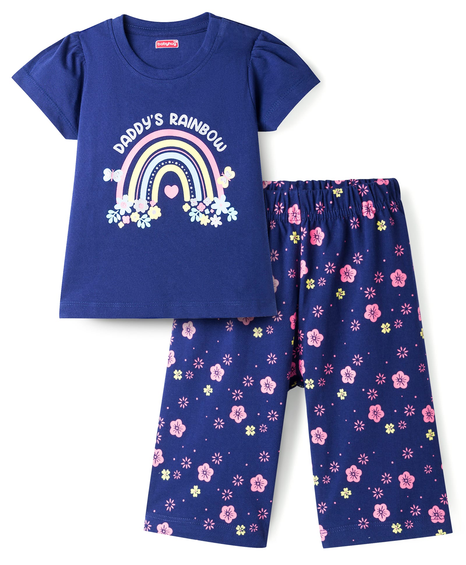 Babyhug Cotton Knit Half Sleeves Floral & Rainbow Printed T-Shirt & Capri Night Suit - Navy Blue-image-33