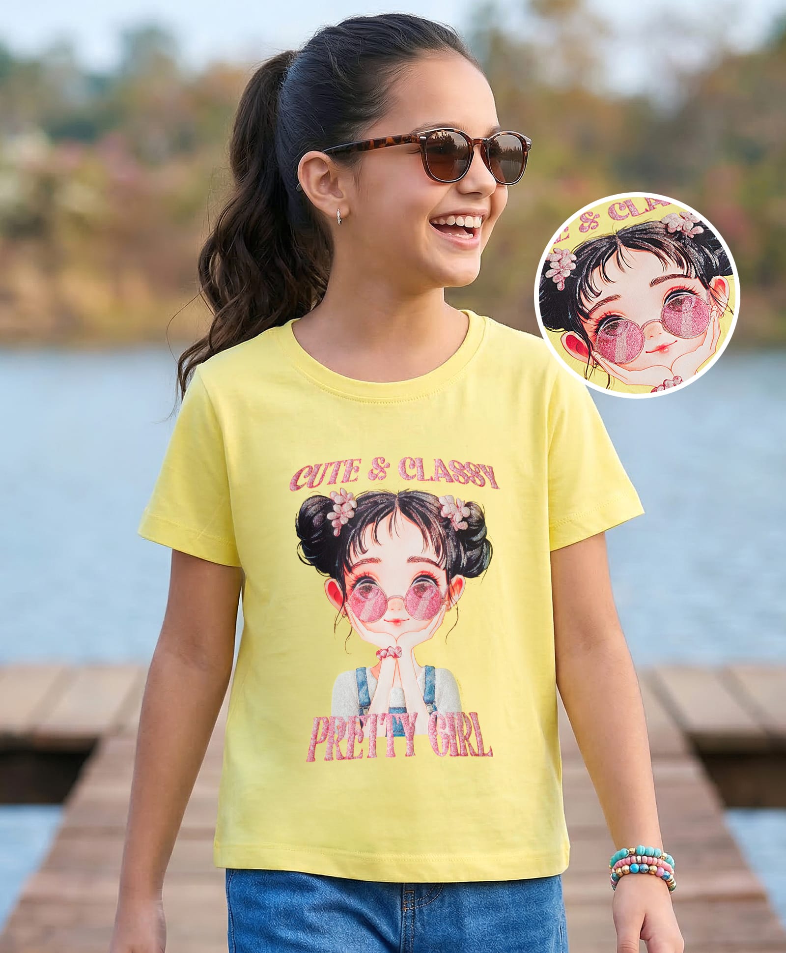 Pine Kids Cotton Knit Half Sleeves T-Shirt with Girl Print - Yellow-image-33